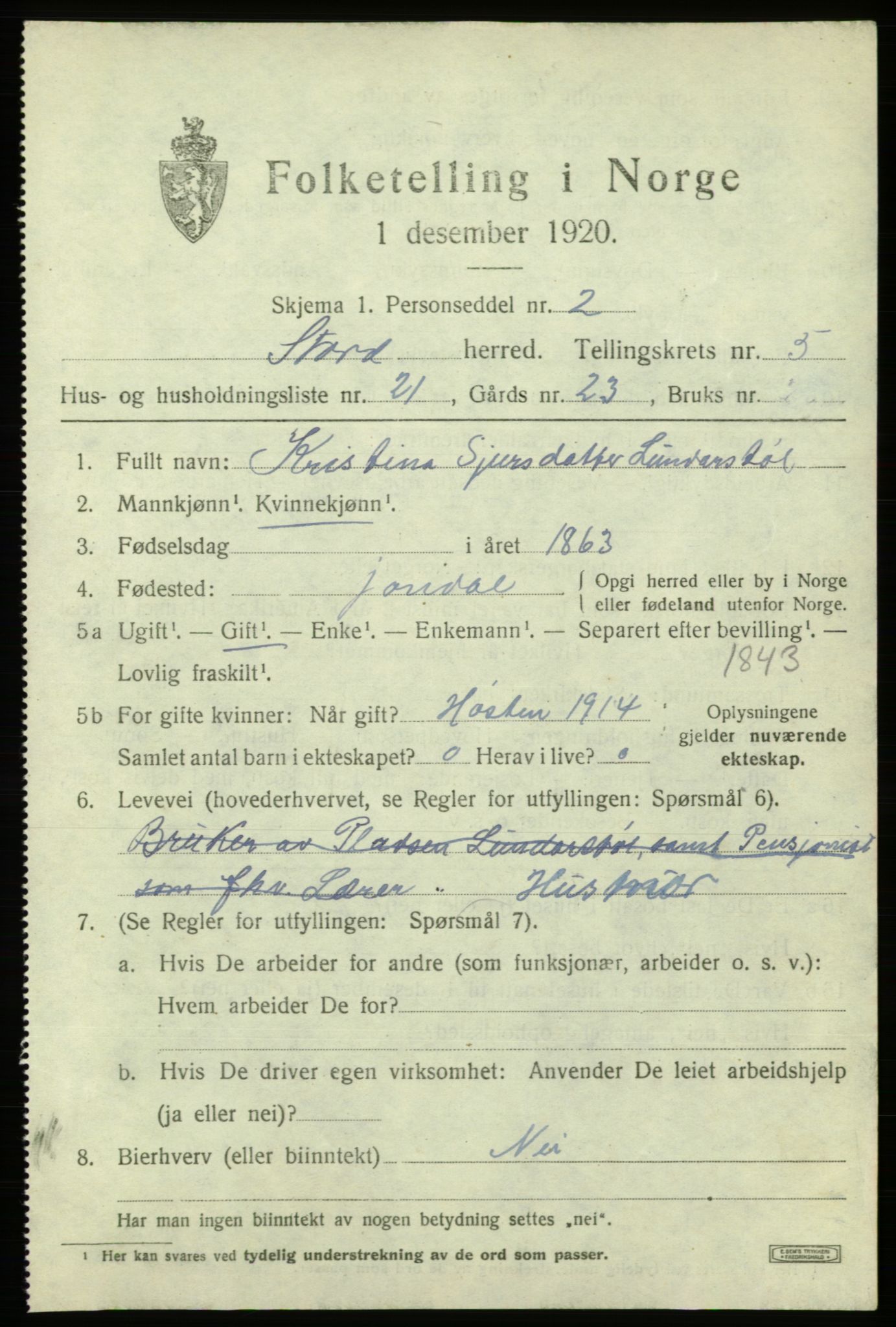 SAB, 1920 census for Stord, 1920, p. 2355