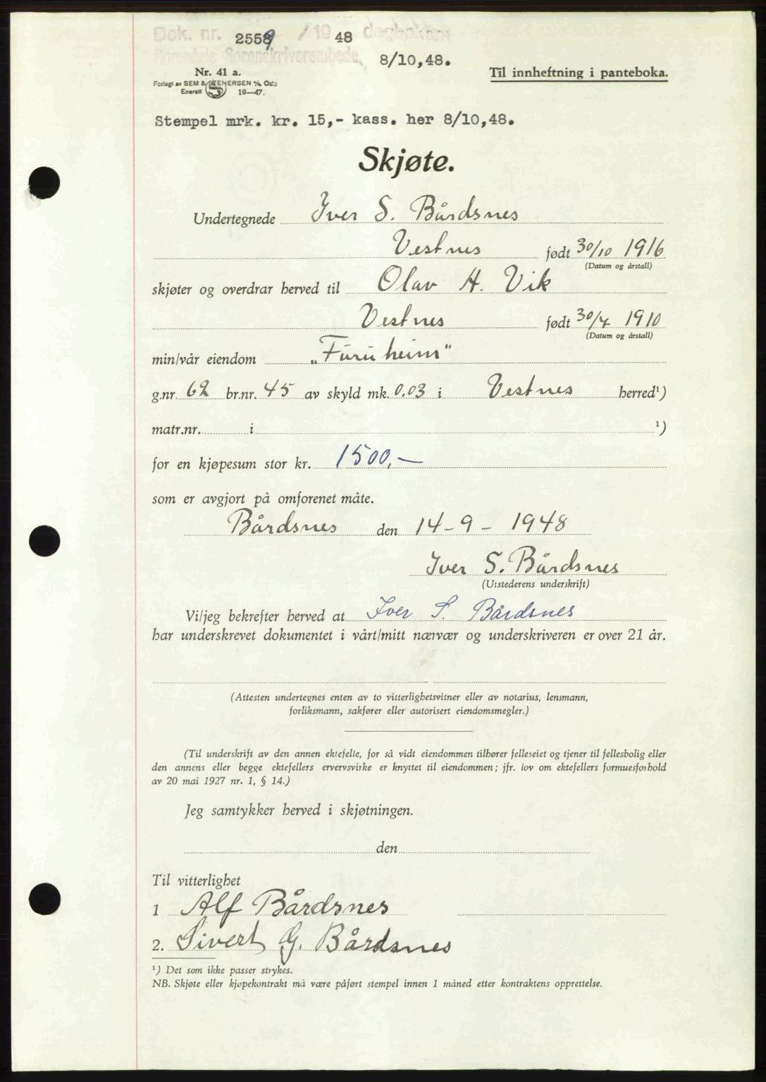 Romsdal sorenskriveri, AV/SAT-A-4149/1/2/2C: Mortgage book no. A27, 1948-1948, Diary no: : 2559/1948