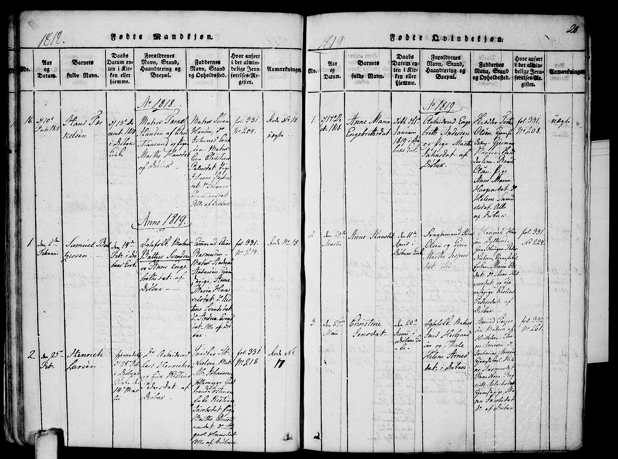 Drøbak prestekontor Kirkebøker, SAO/A-10142a/F/Fa/L0001: Parish register (official) no. I 1, 1816-1842, p. 20