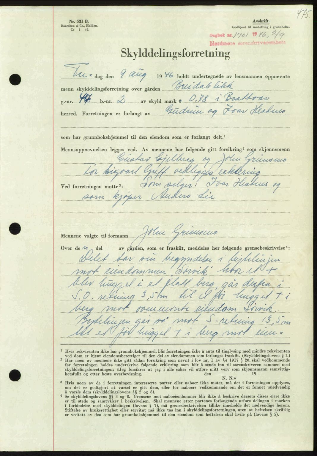 Nordmøre sorenskriveri, AV/SAT-A-4132/1/2/2Ca: Mortgage book no. A102, 1946-1946, Diary no: : 1701/1946