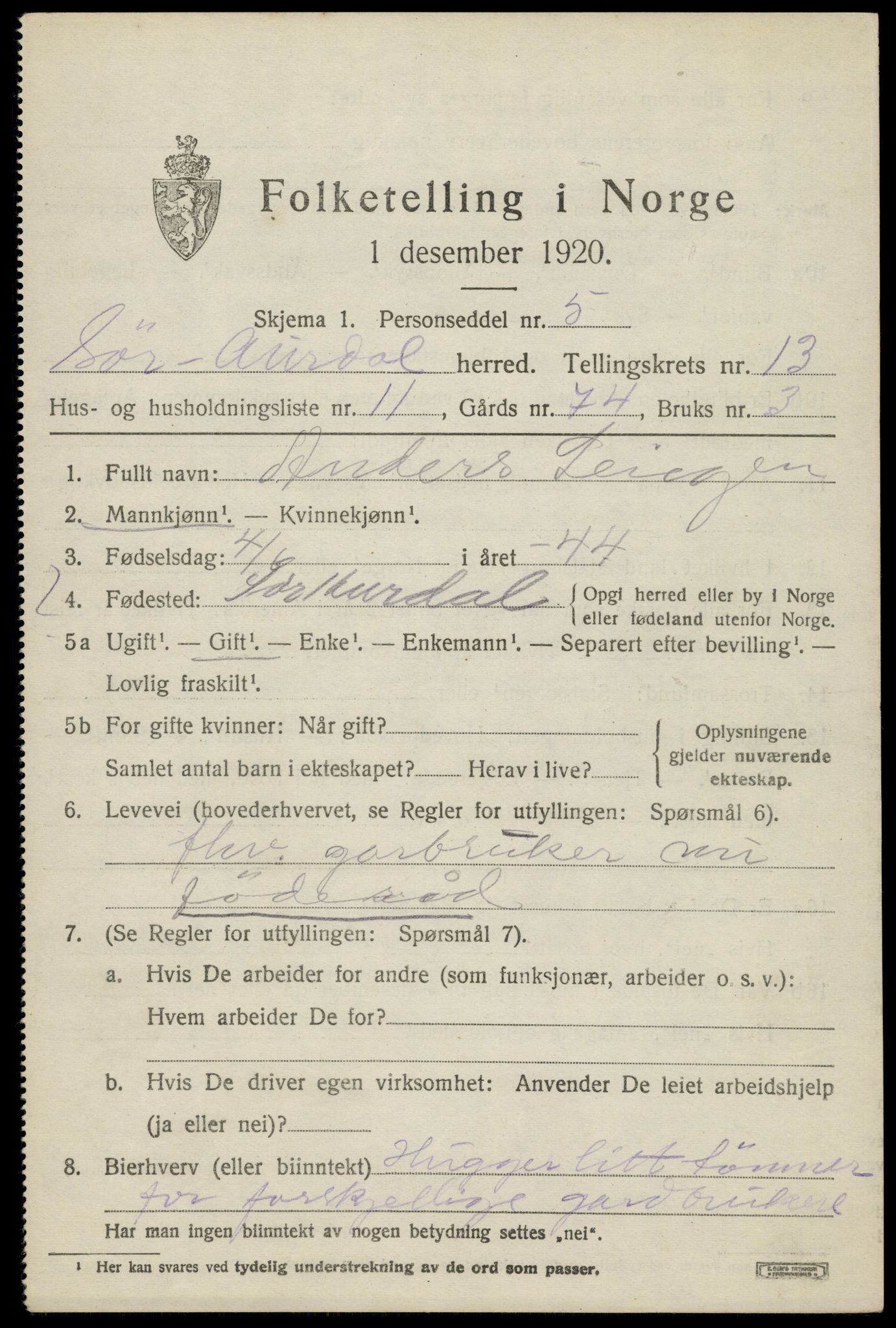 SAH, 1920 census for Sør-Aurdal, 1920, p. 7811