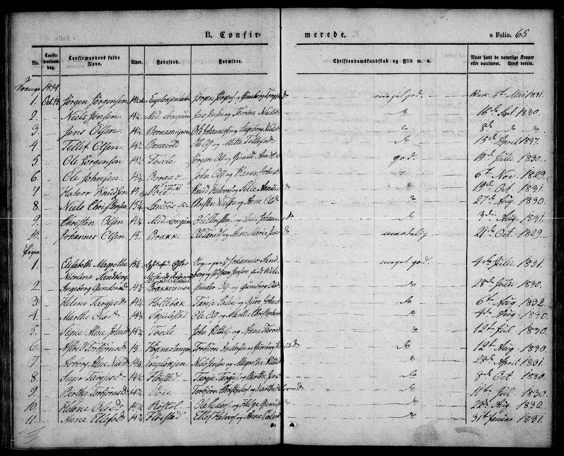 Austre Moland sokneprestkontor, SAK/1111-0001/F/Fa/Faa/L0006: Parish register (official) no. A 6, 1837-1846, p. 65