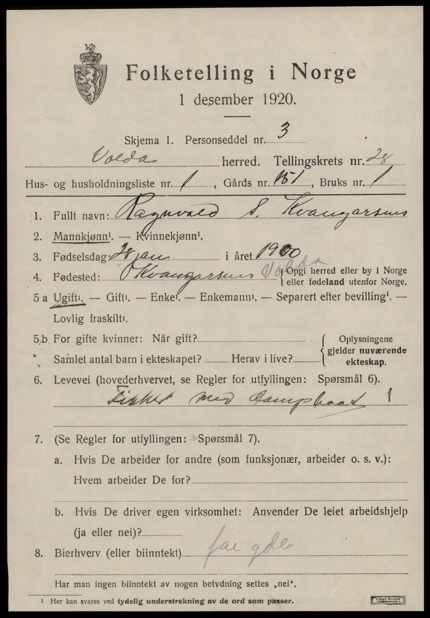 SAT, 1920 census for Volda, 1920, p. 12942