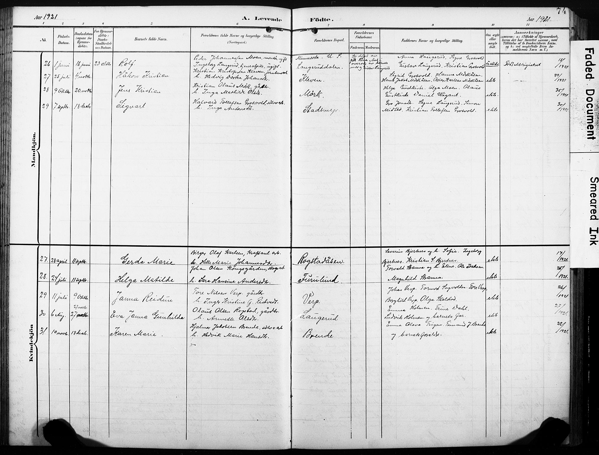 Sandsvær kirkebøker, AV/SAKO-A-244/G/Gd/L0004a: Parish register (copy) no. IV 4A, 1901-1932, p. 74