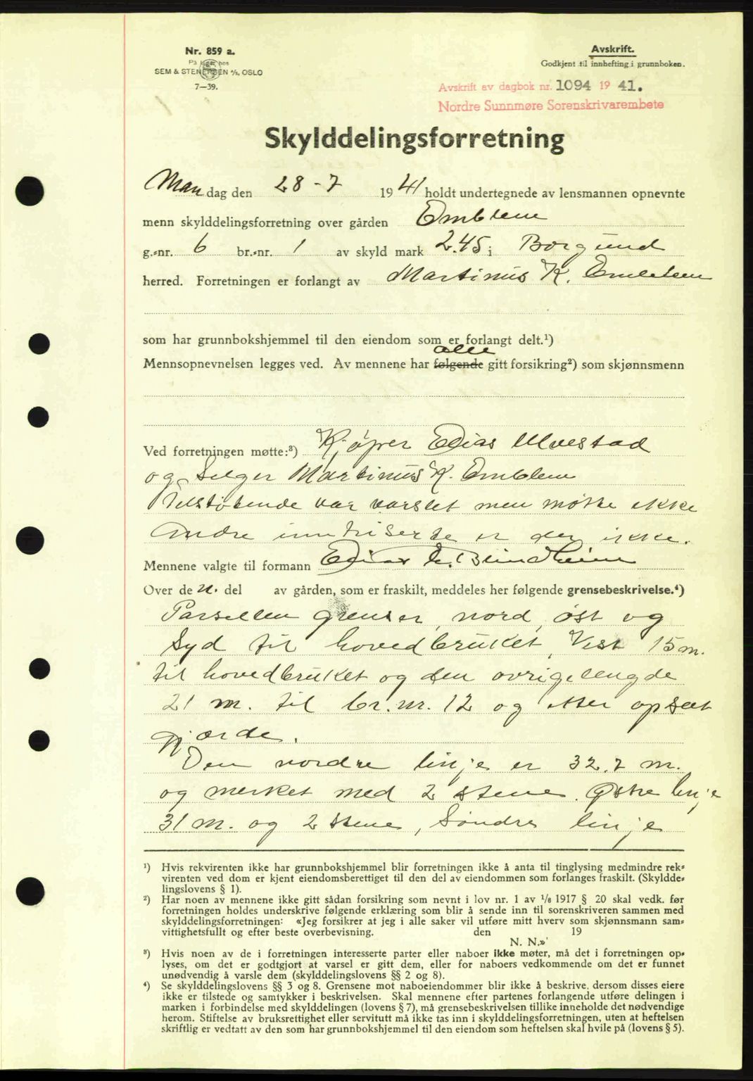 Nordre Sunnmøre sorenskriveri, AV/SAT-A-0006/1/2/2C/2Ca: Mortgage book no. A11, 1941-1941, Diary no: : 1094/1941