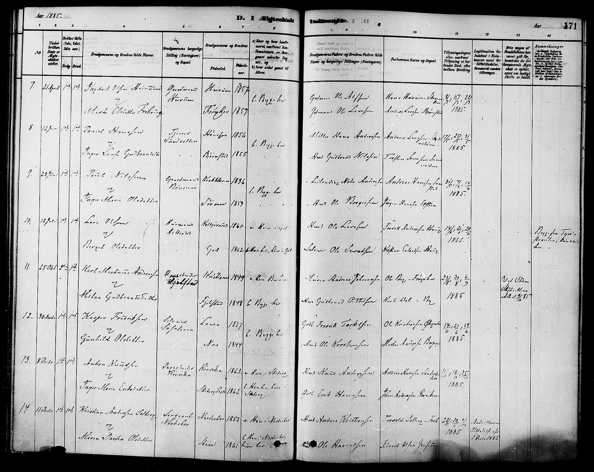 Hole kirkebøker, SAKO/A-228/F/Fa/L0008: Parish register (official) no. I 8, 1878-1891, p. 171