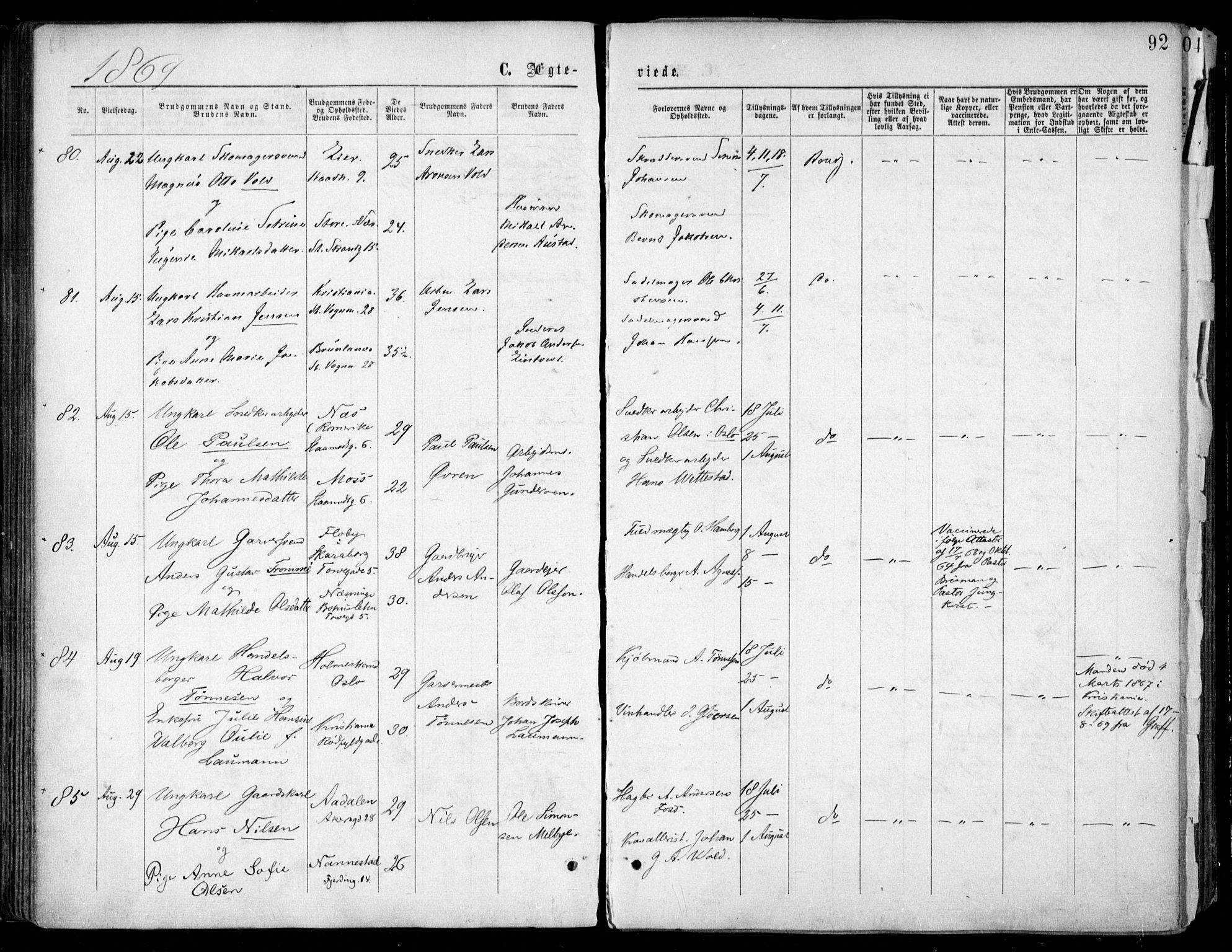 Oslo domkirke Kirkebøker, SAO/A-10752/F/Fa/L0021: Parish register (official) no. 21, 1865-1884, p. 92