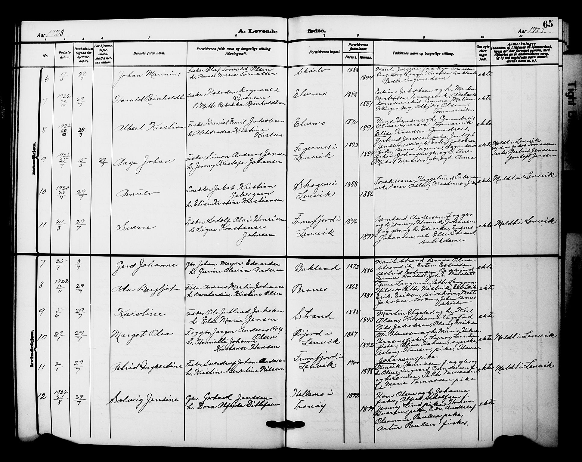 Tranøy sokneprestkontor, AV/SATØ-S-1313/I/Ia/Iab/L0023klokker: Parish register (copy) no. 23, 1913-1928, p. 65