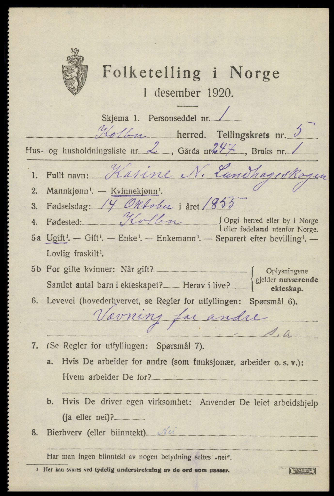 SAH, 1920 census for Kolbu, 1920, p. 3734