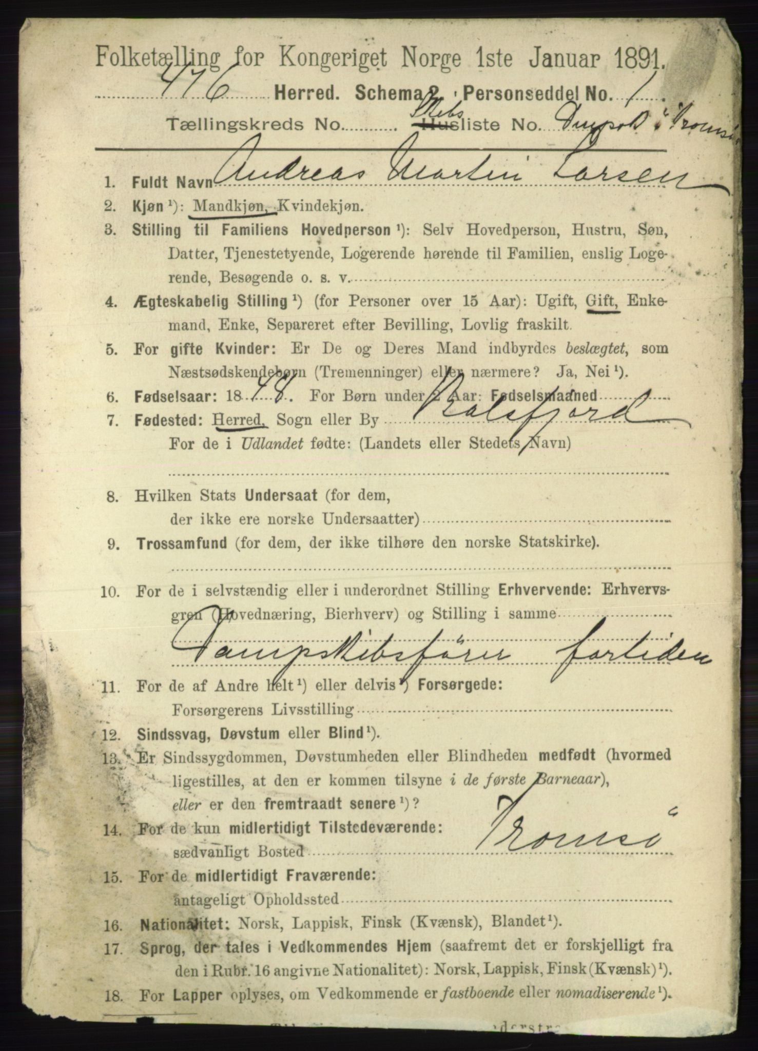 RA, 1891 census for 1938 Lyngen, 1891, p. 6248