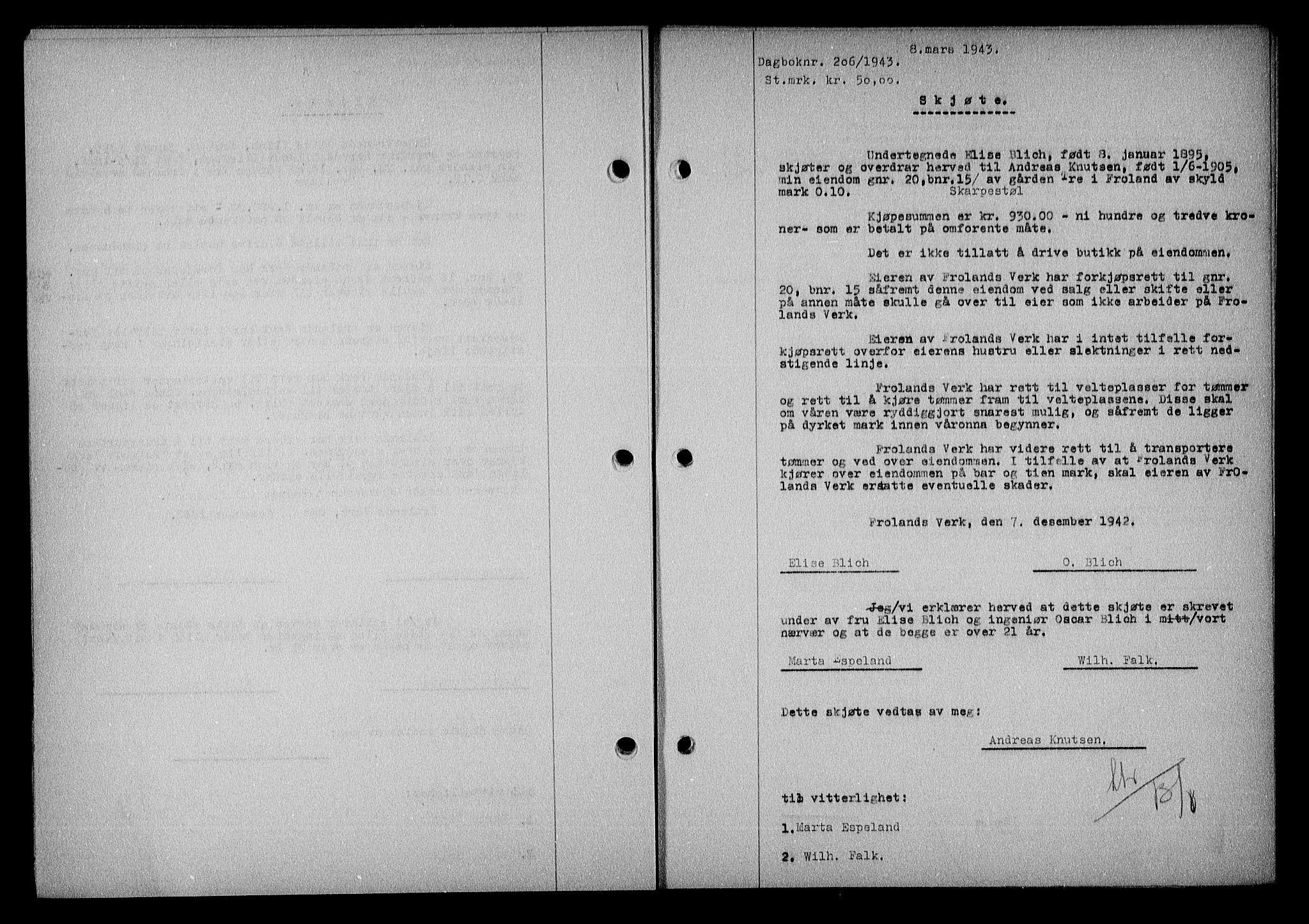 Nedenes sorenskriveri, AV/SAK-1221-0006/G/Gb/Gba/L0050: Mortgage book no. A-IV, 1942-1943, Diary no: : 206/1943