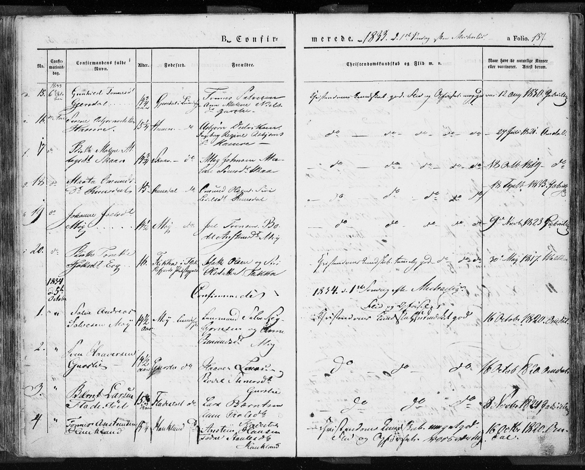 Lund sokneprestkontor, AV/SAST-A-101809/S06/L0007: Parish register (official) no. A 7.1, 1833-1854, p. 157