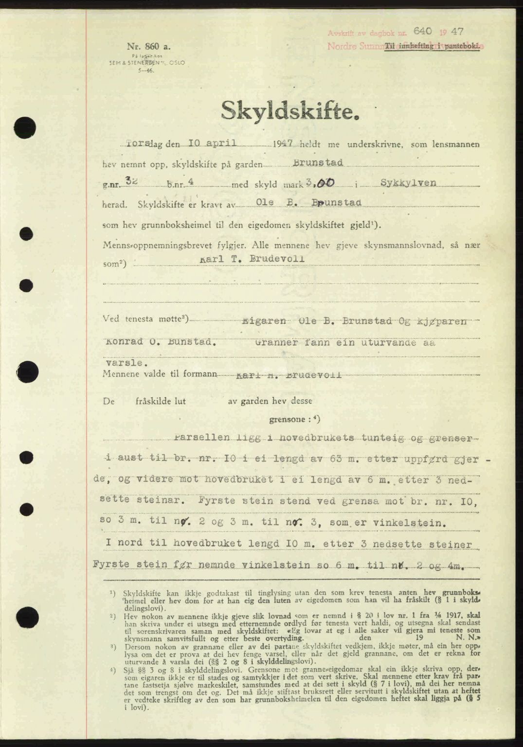 Nordre Sunnmøre sorenskriveri, AV/SAT-A-0006/1/2/2C/2Ca: Mortgage book no. A24, 1947-1947, Diary no: : 640/1947