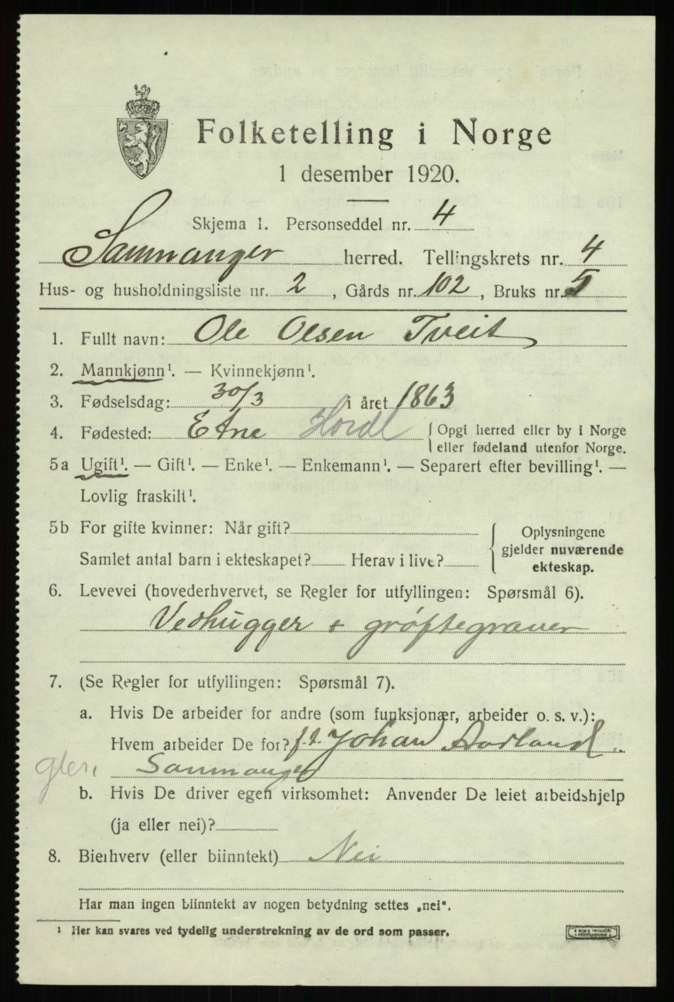 SAB, 1920 census for Samnanger, 1920, p. 1683