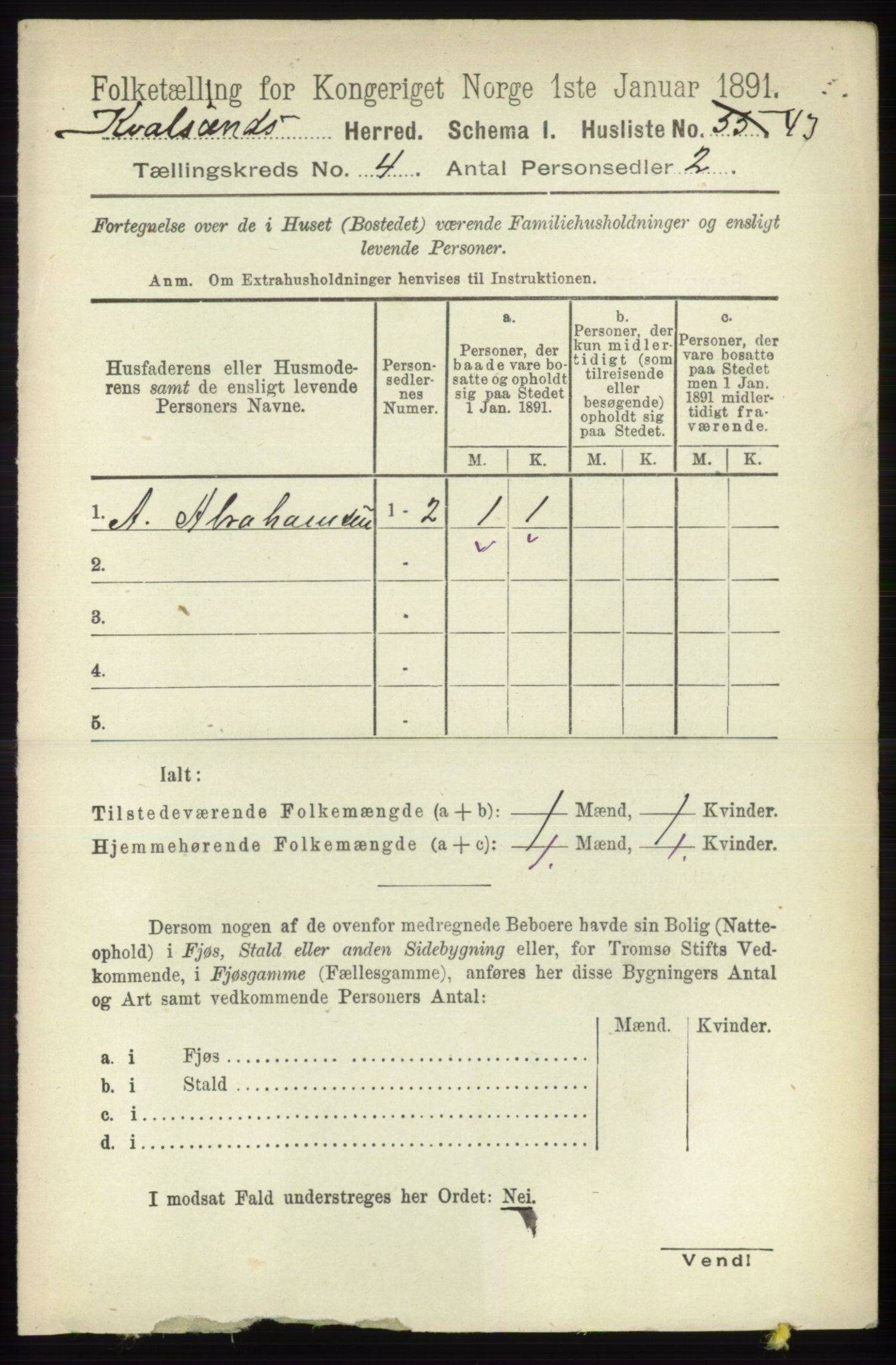 RA, 1891 census for 2017 Kvalsund, 1891, p. 182