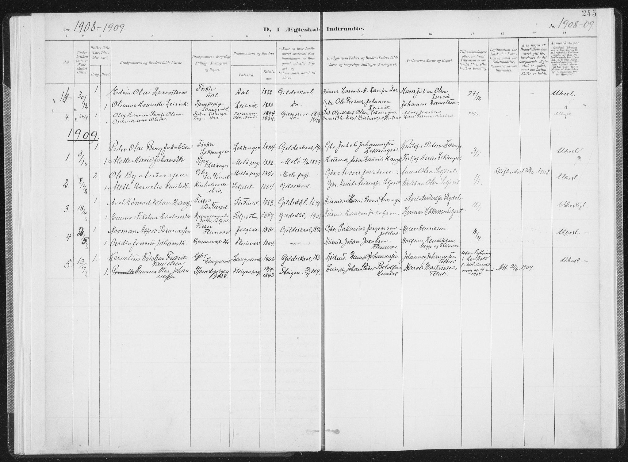 Ministerialprotokoller, klokkerbøker og fødselsregistre - Nordland, AV/SAT-A-1459/805/L0103: Parish register (official) no. 805A08II, 1900-1909, p. 245