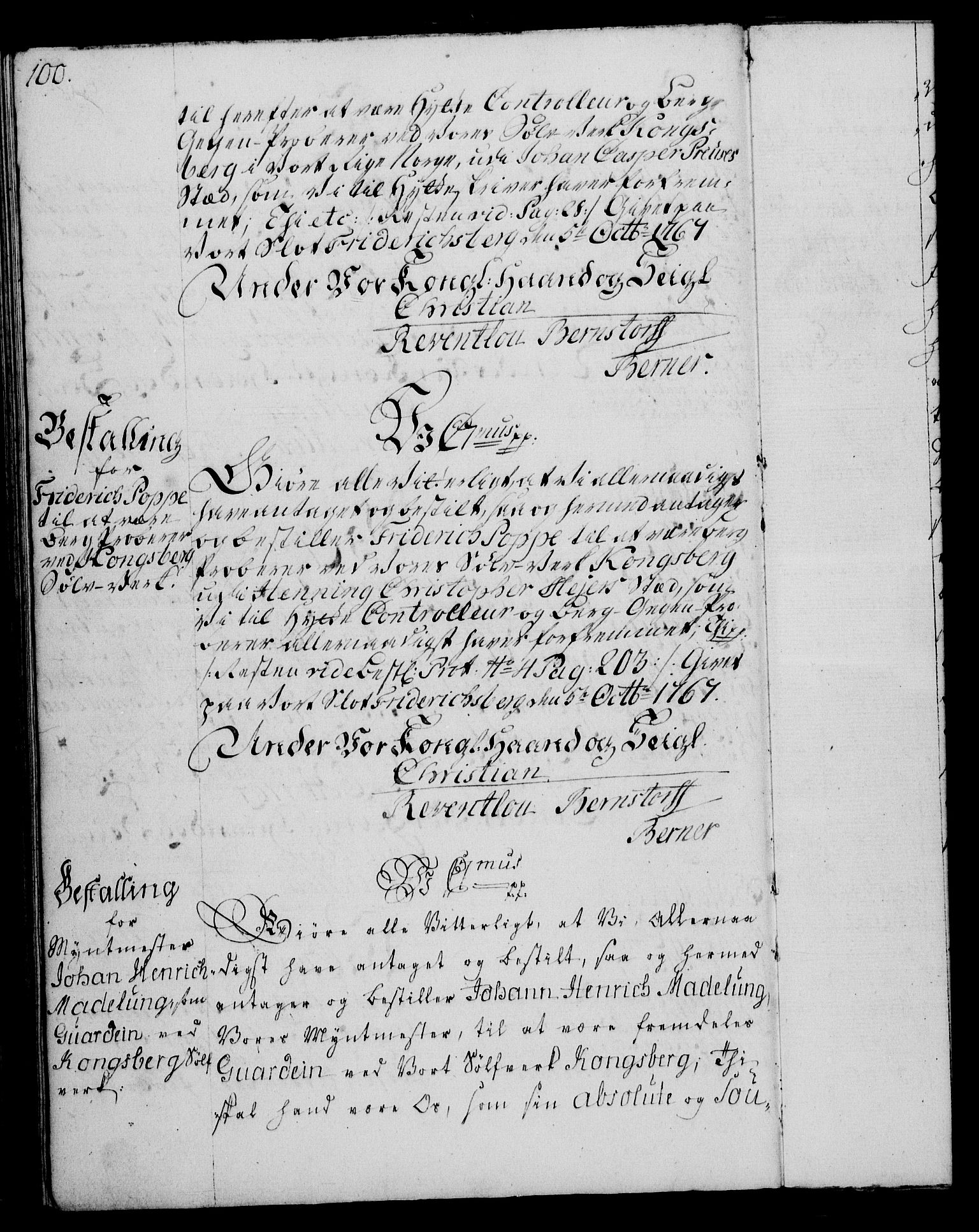Rentekammeret, Kammerkanselliet, RA/EA-3111/G/Gg/Gge/L0004: Norsk bestallingsprotokoll med register (merket RK 53.28), 1762-1771, p. 100