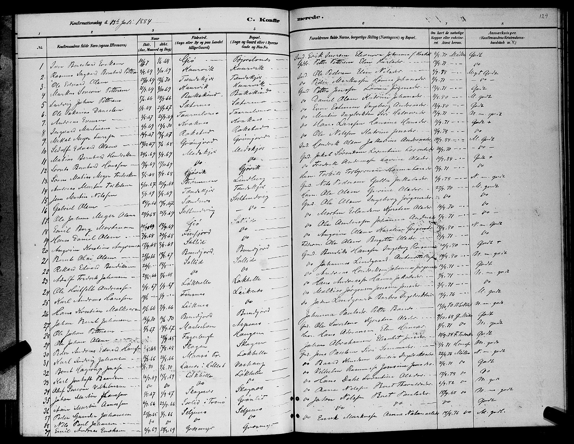 Lenvik sokneprestembete, SATØ/S-1310/H/Ha/Hab/L0006klokker: Parish register (copy) no. 6, 1881-1889, p. 129