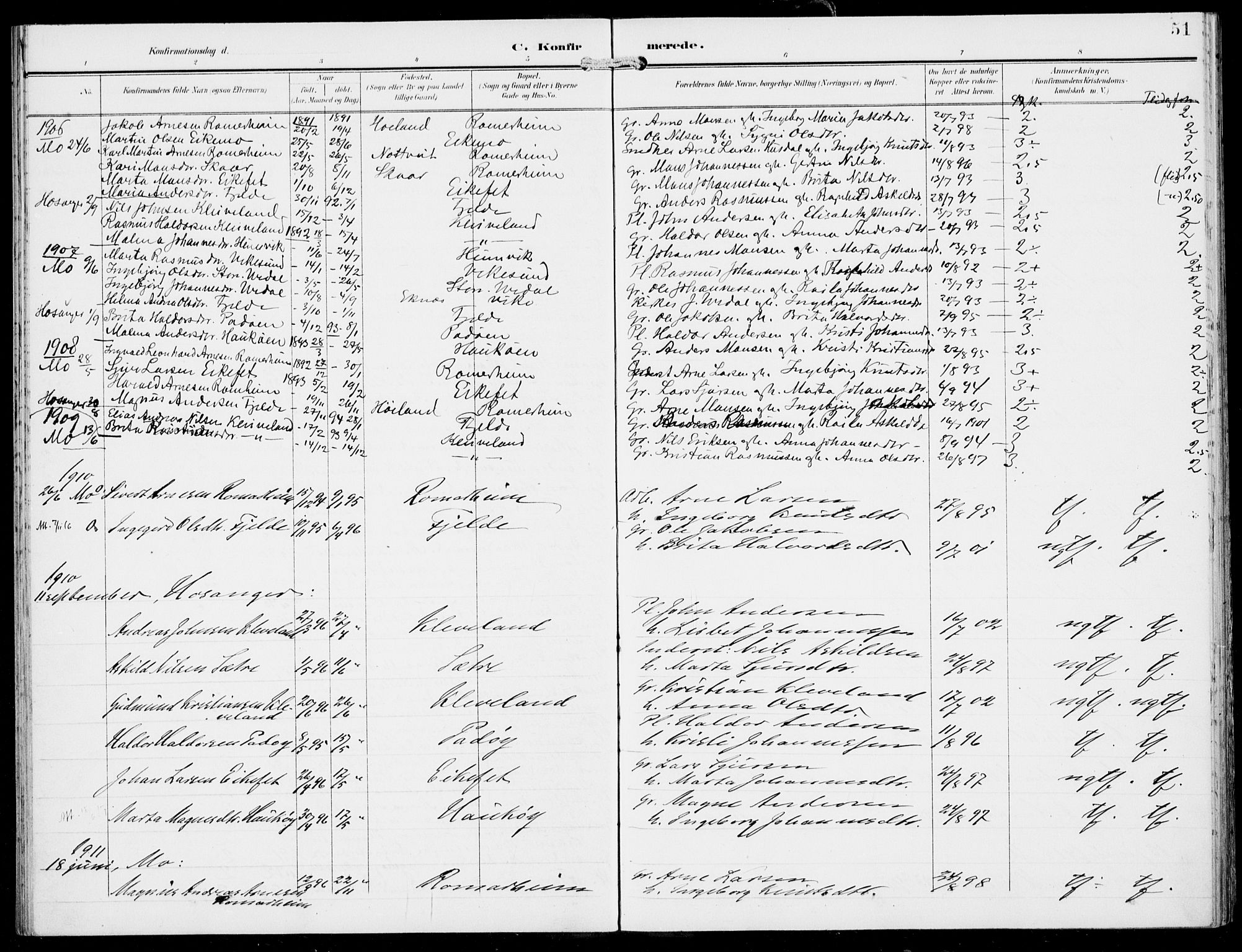 Hosanger sokneprestembete, AV/SAB-A-75801/H/Haa: Parish register (official) no. D  1, 1896-1922, p. 51