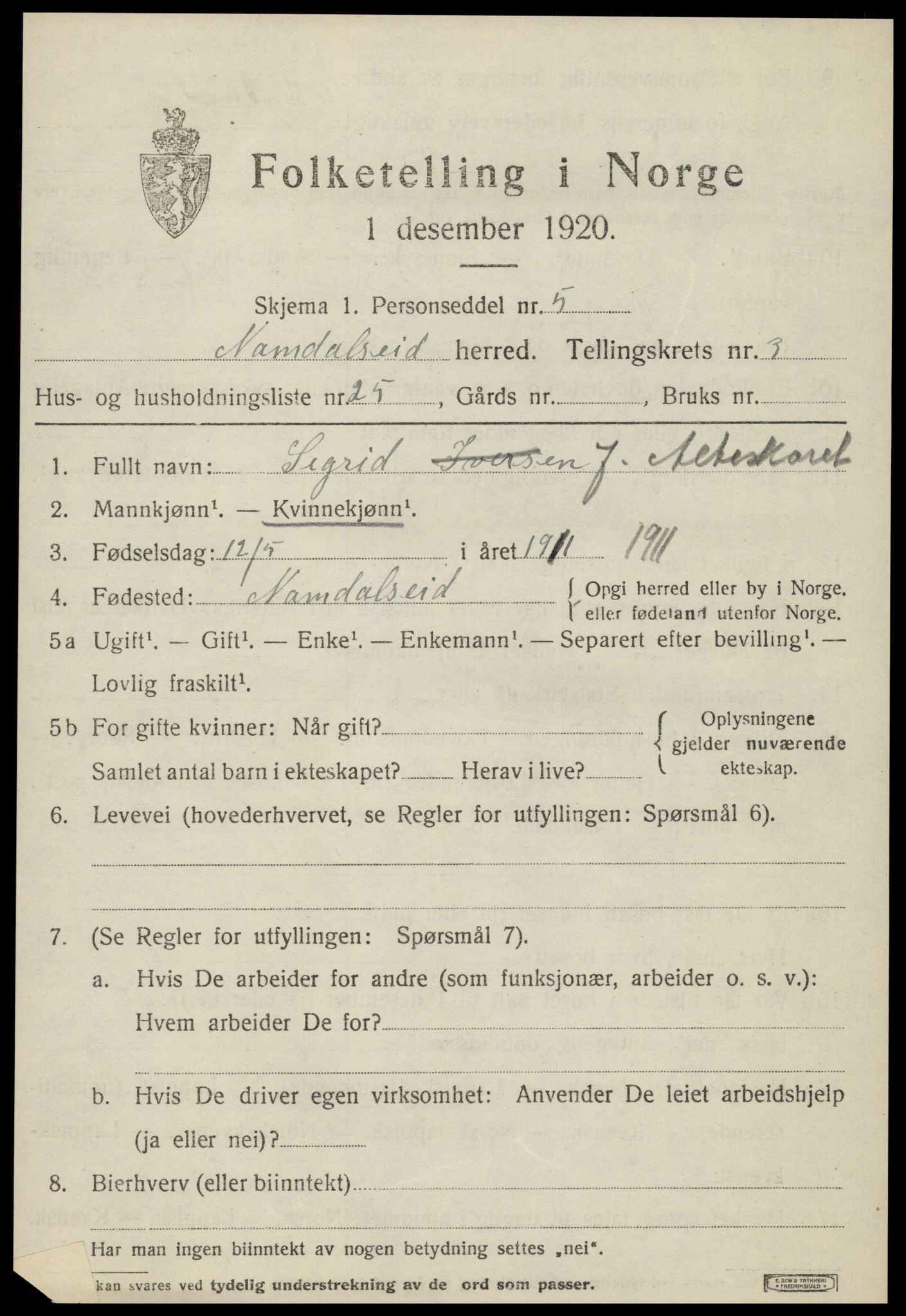 SAT, 1920 census for Namdalseid, 1920, p. 2584