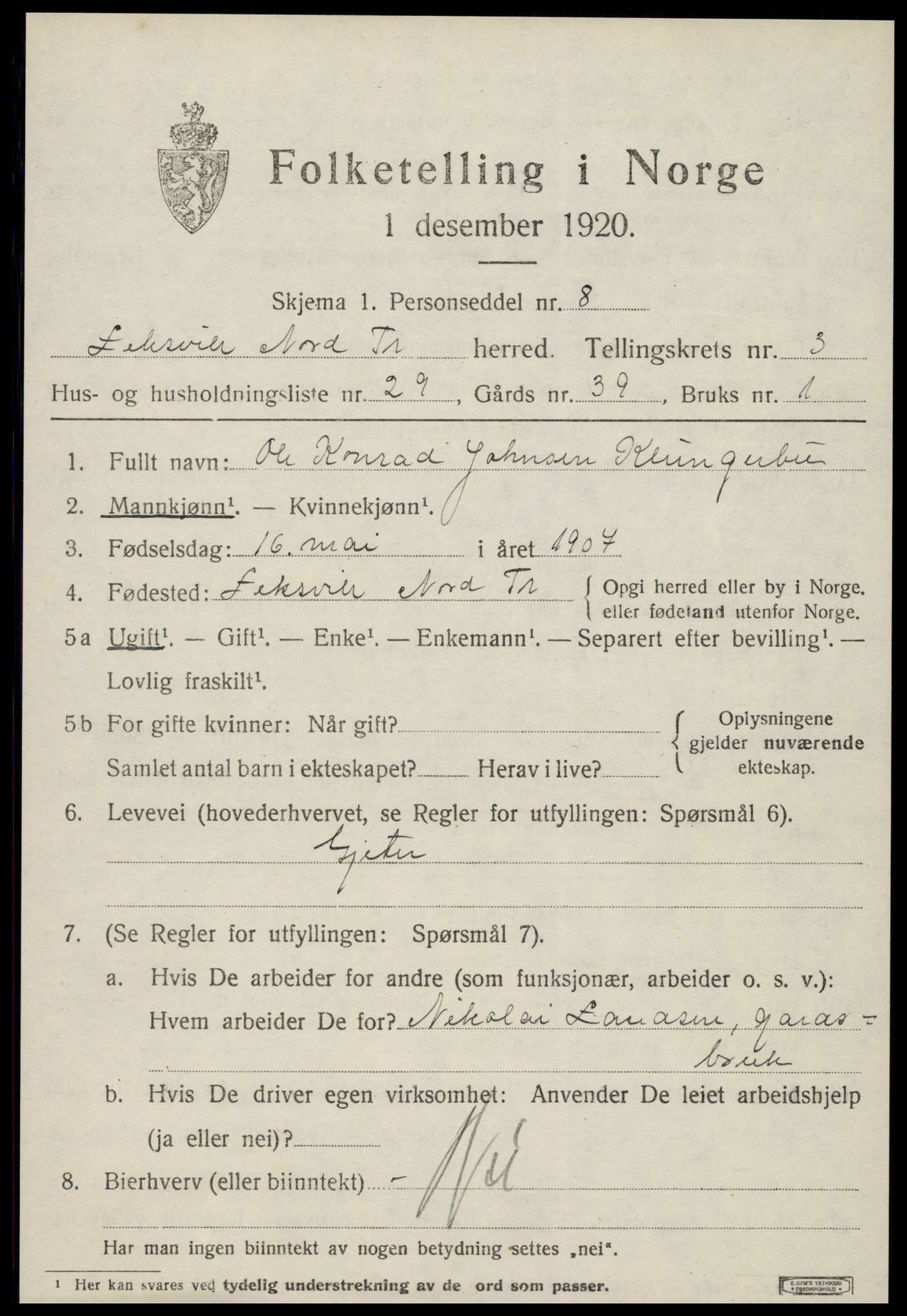 SAT, 1920 census for Leksvik, 1920, p. 3252