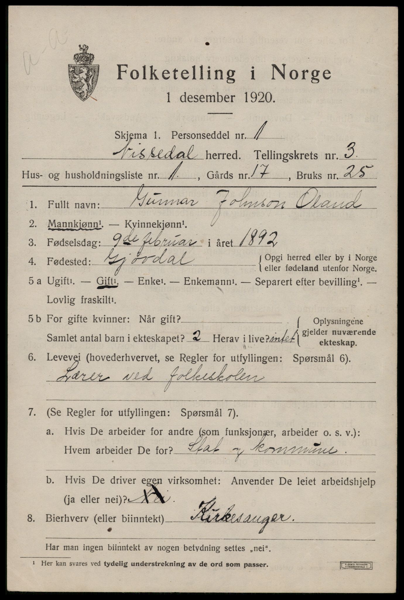 SAKO, 1920 census for Nissedal, 1920, p. 1503