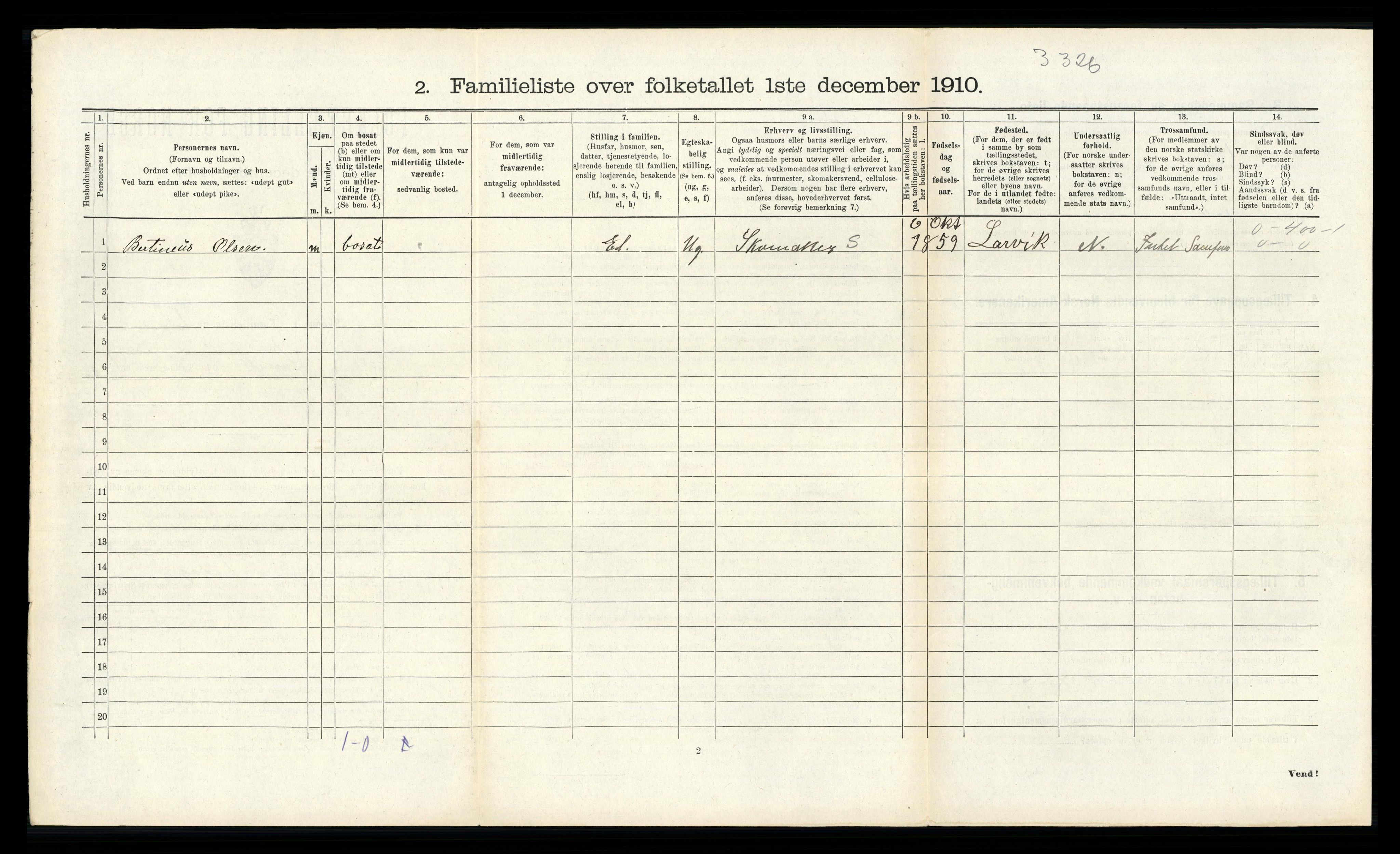 RA, 1910 census for Larvik, 1910, p. 482