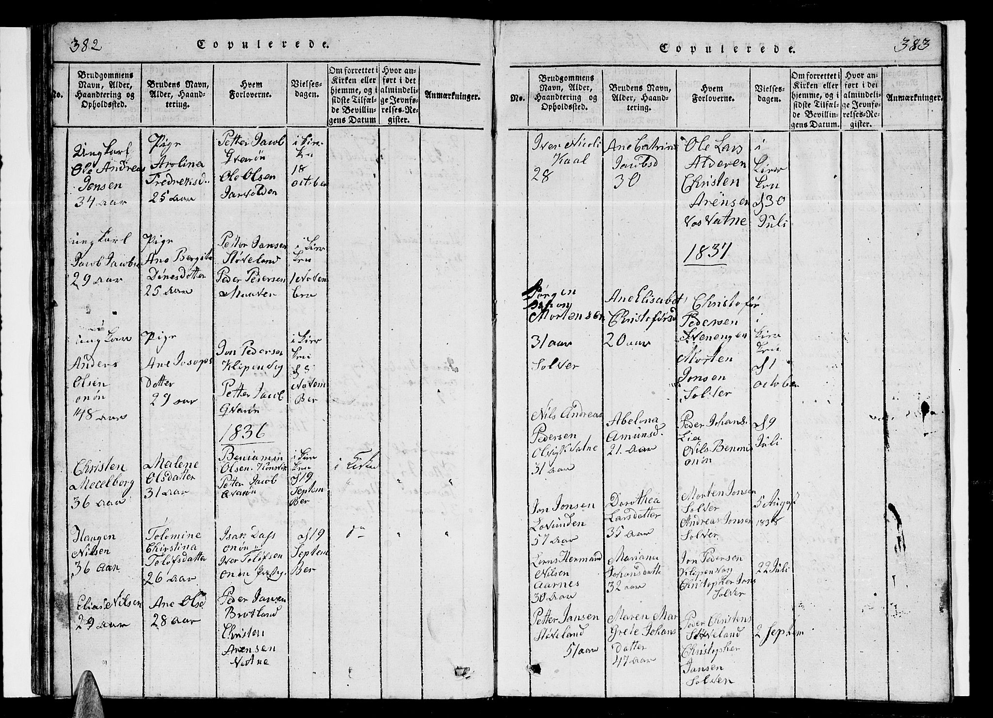 Ministerialprotokoller, klokkerbøker og fødselsregistre - Nordland, SAT/A-1459/839/L0571: Parish register (copy) no. 839C01, 1820-1840, p. 382-383