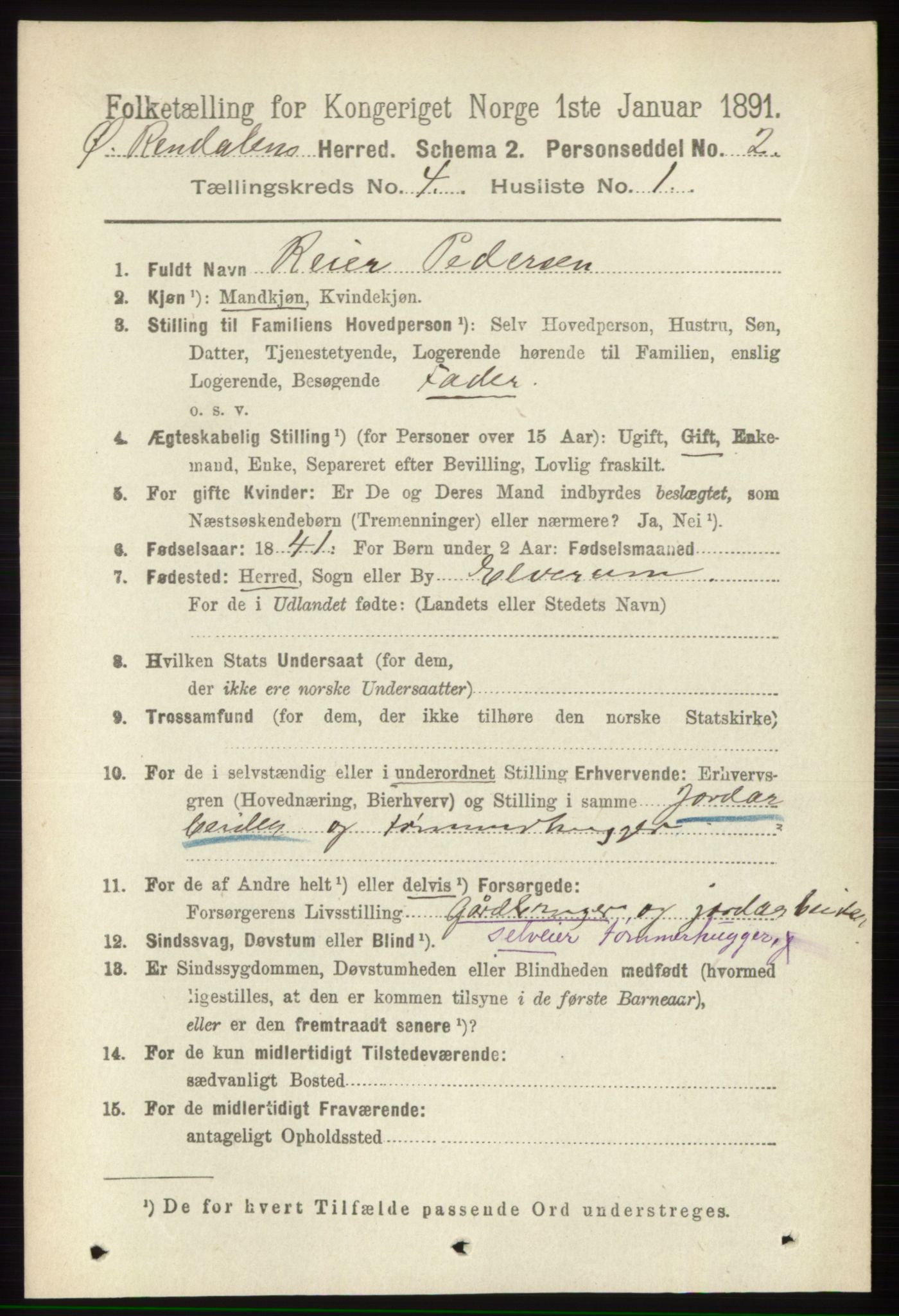 RA, 1891 census for 0433 Øvre Rendal, 1891, p. 978