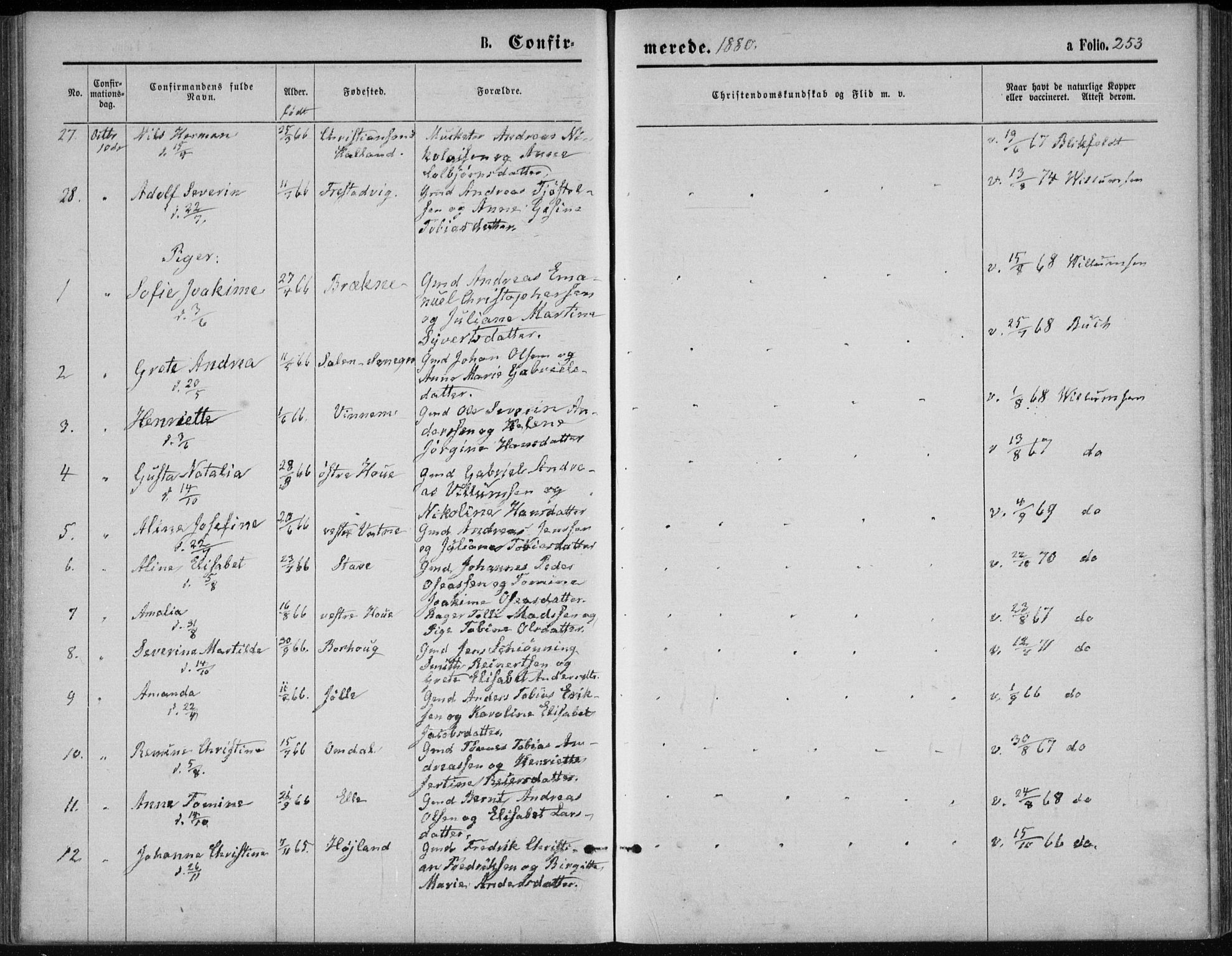 Lista sokneprestkontor, AV/SAK-1111-0027/F/Fb/L0004: Parish register (copy) no. B 4, 1877-1891, p. 253