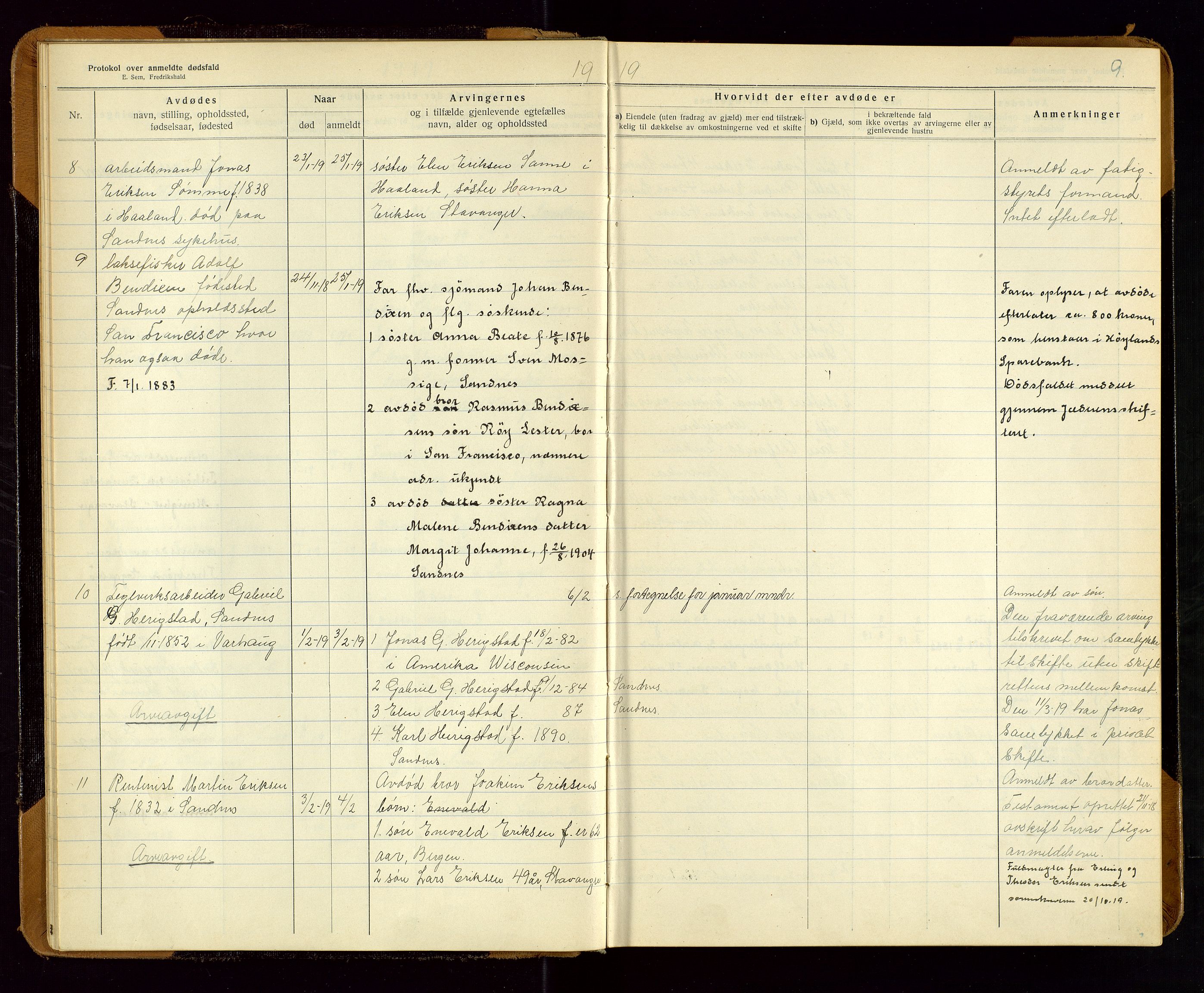 Sandnes lensmannskontor, SAST/A-100167/Gga/L0001: "Protokol over anmeldte dødsfald" m/register, 1918-1940, p. 9