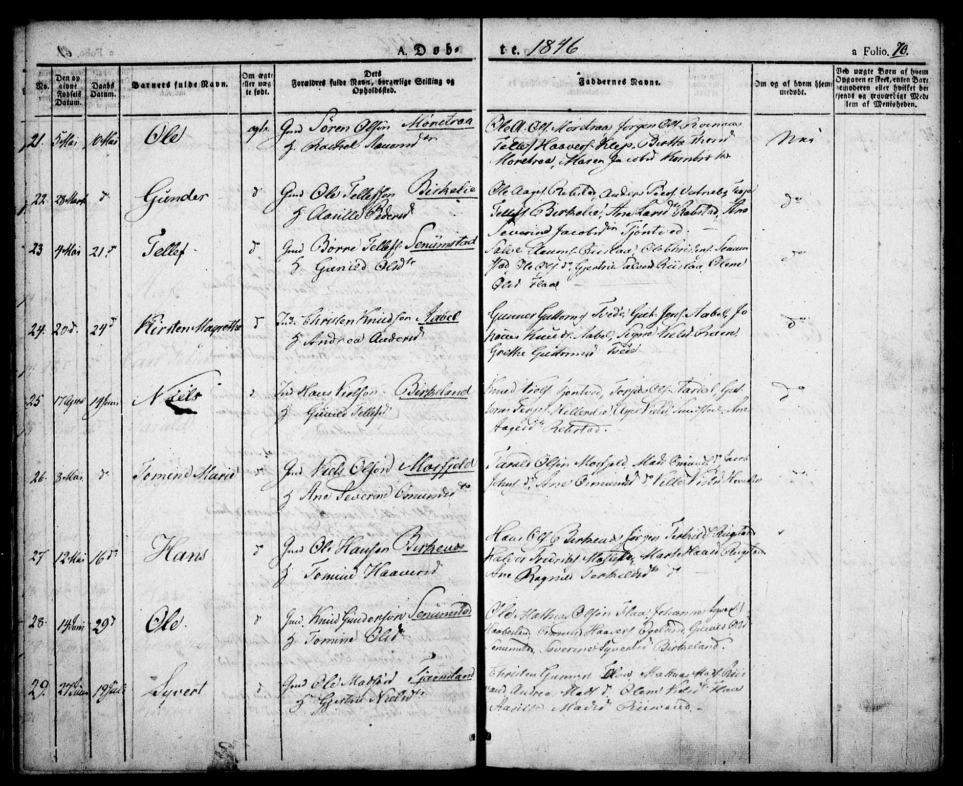 Birkenes sokneprestkontor, SAK/1111-0004/F/Fa/L0001: Parish register (official) no. A 1, 1829-1849, p. 70