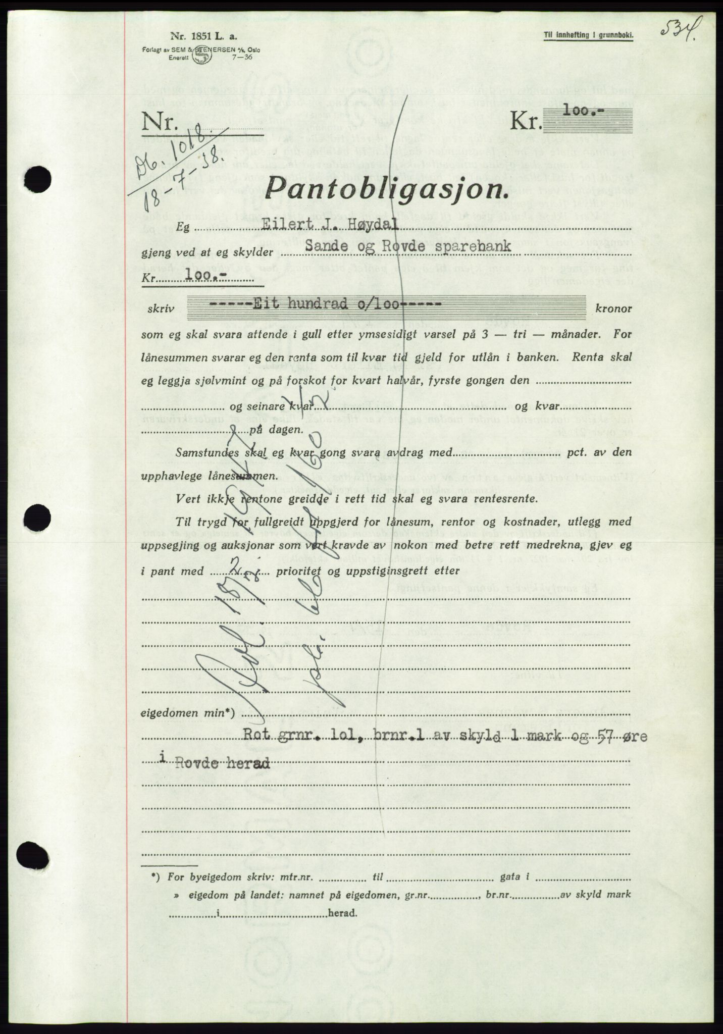 Søre Sunnmøre sorenskriveri, AV/SAT-A-4122/1/2/2C/L0065: Mortgage book no. 59, 1938-1938, Diary no: : 1018/1938