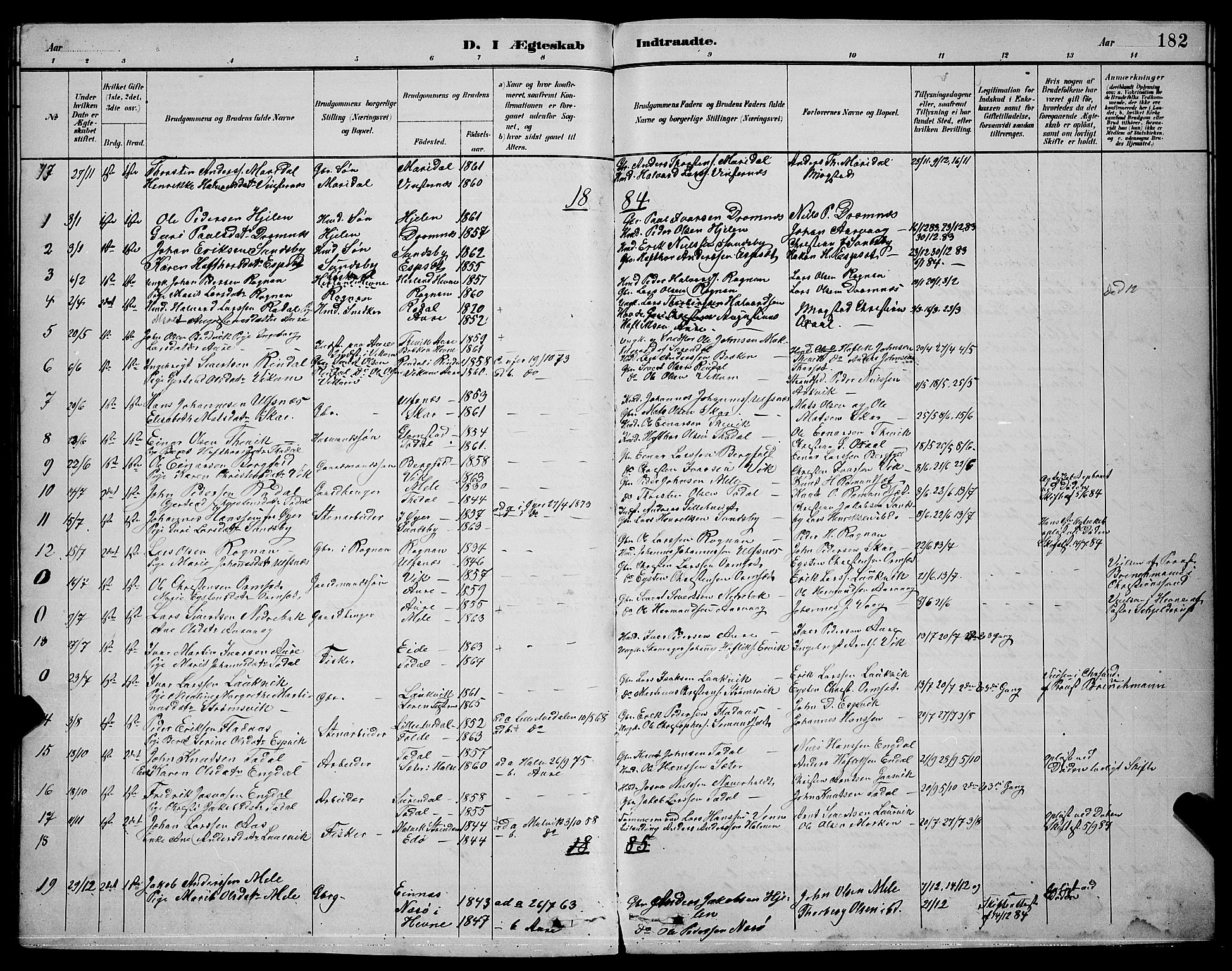 Ministerialprotokoller, klokkerbøker og fødselsregistre - Møre og Romsdal, SAT/A-1454/578/L0909: Parish register (copy) no. 578C02, 1882-1900, p. 182