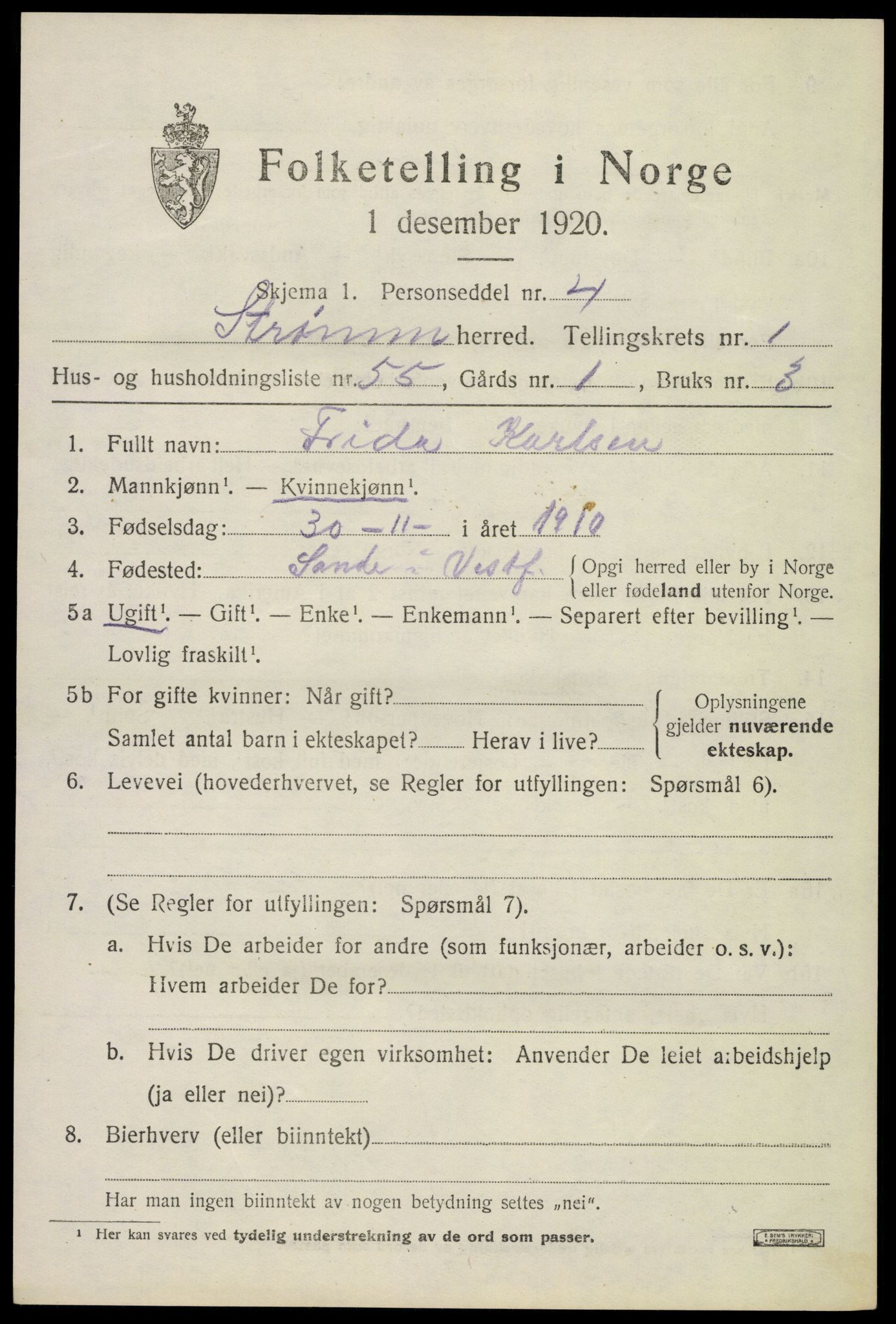 SAKO, 1920 census for Strømm, 1920, p. 1493