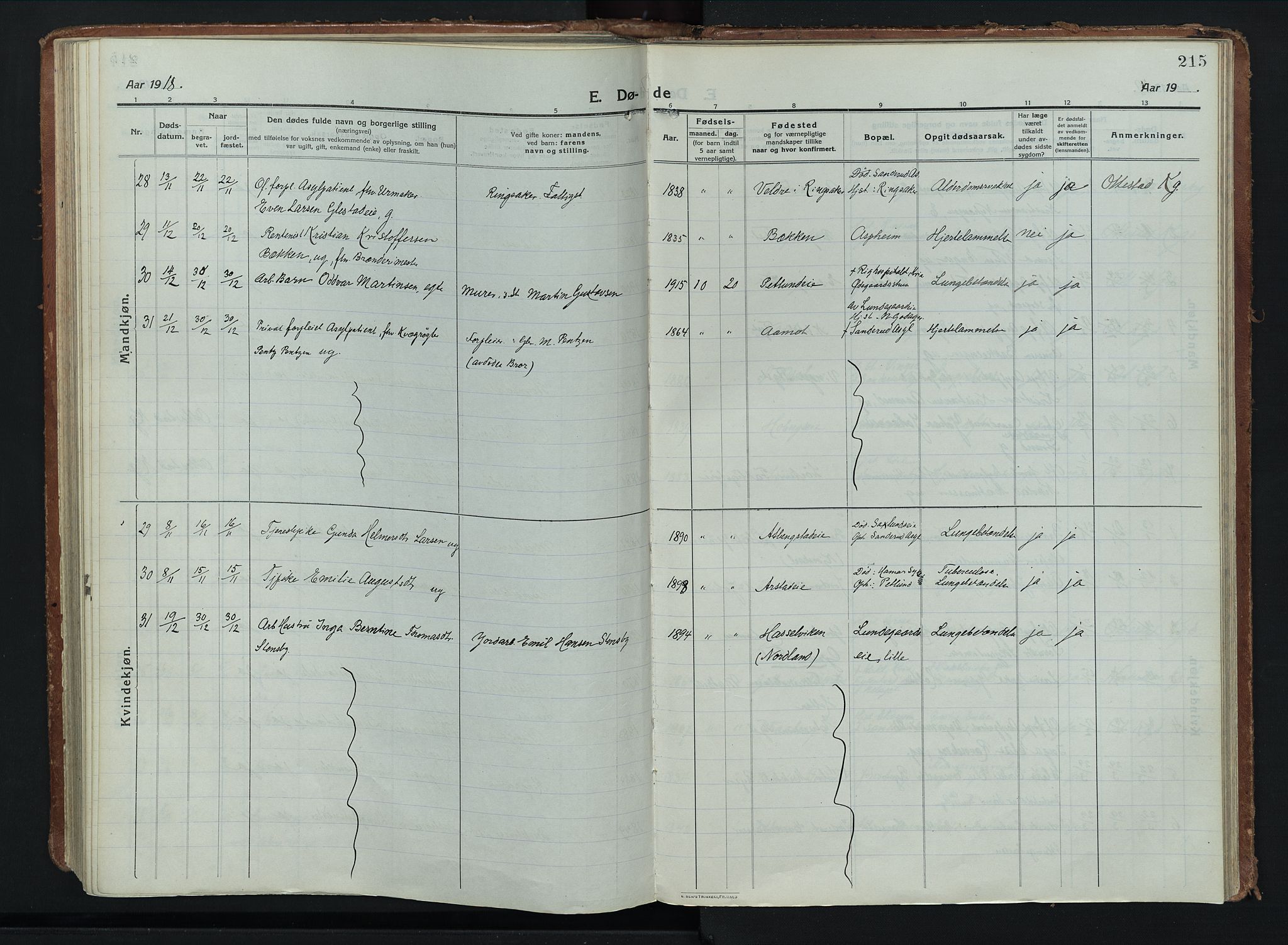 Stange prestekontor, AV/SAH-PREST-002/K/L0028: Parish register (official) no. 28, 1913-1932, p. 215