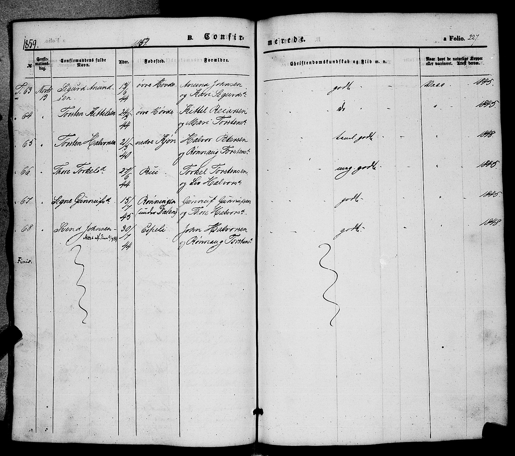 Hjartdal kirkebøker, AV/SAKO-A-270/F/Fa/L0008: Parish register (official) no. I 8, 1844-1859, p. 227