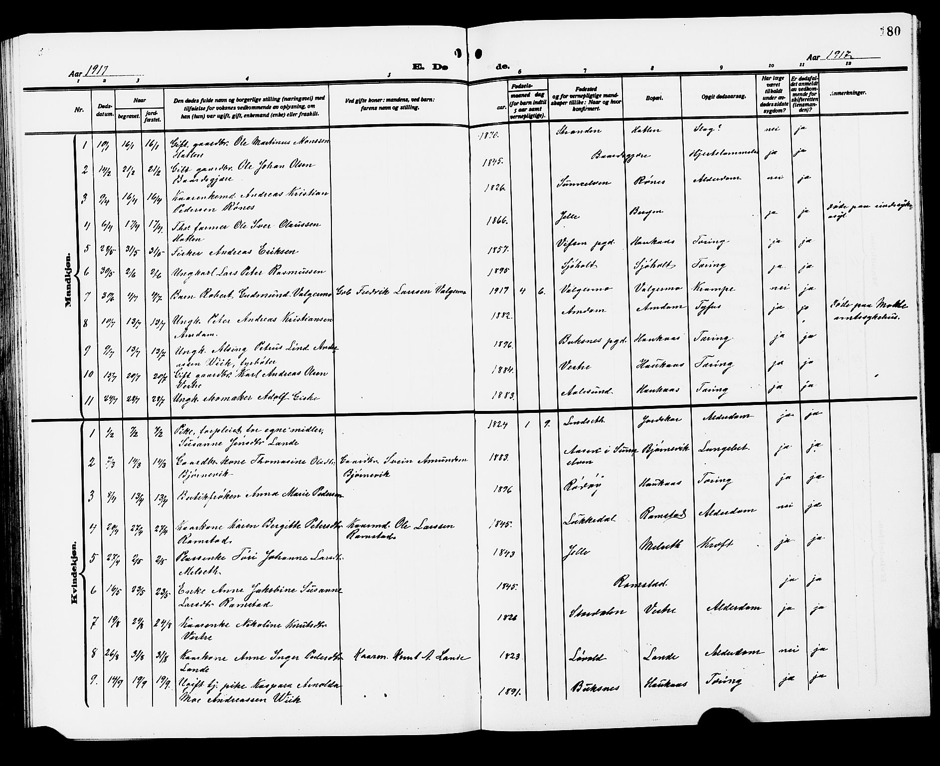 Ministerialprotokoller, klokkerbøker og fødselsregistre - Møre og Romsdal, SAT/A-1454/522/L0328: Parish register (copy) no. 522C07, 1909-1925, p. 180