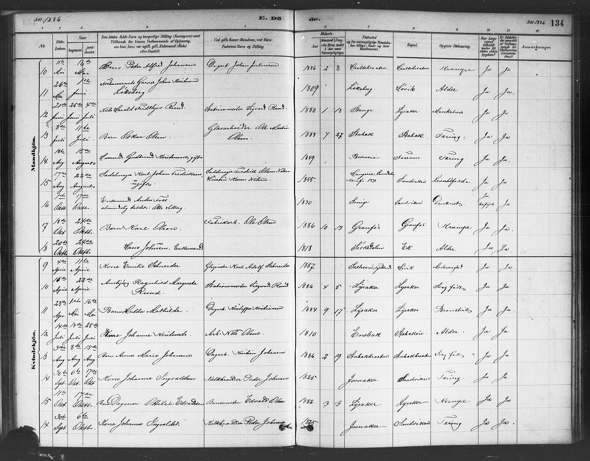 Asker prestekontor Kirkebøker, AV/SAO-A-10256a/F/Fc/L0001: Parish register (official) no. III 1, 1879-1892, p. 134