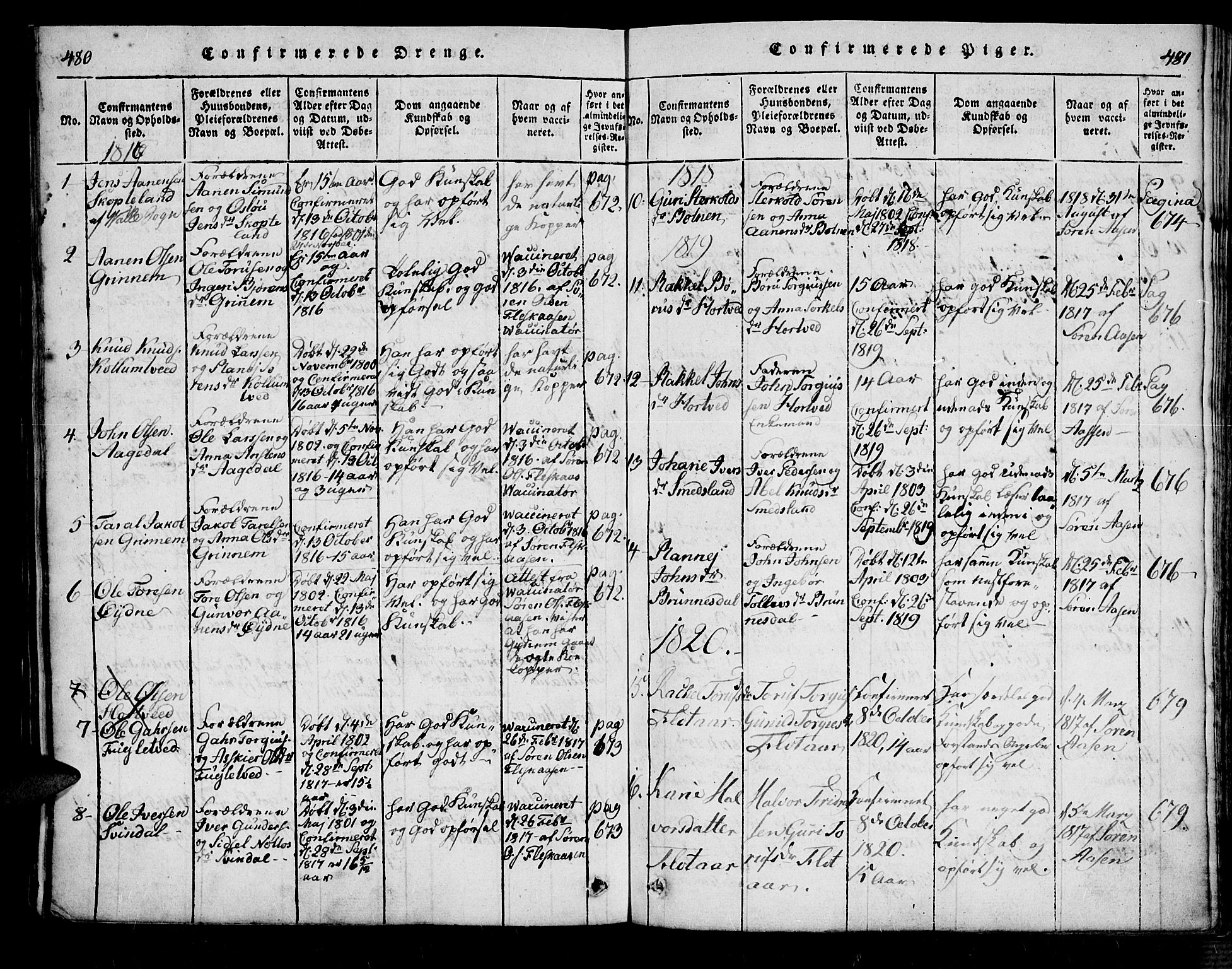 Bjelland sokneprestkontor, SAK/1111-0005/F/Fa/Fac/L0001: Parish register (official) no. A 1, 1815-1866, p. 480-481