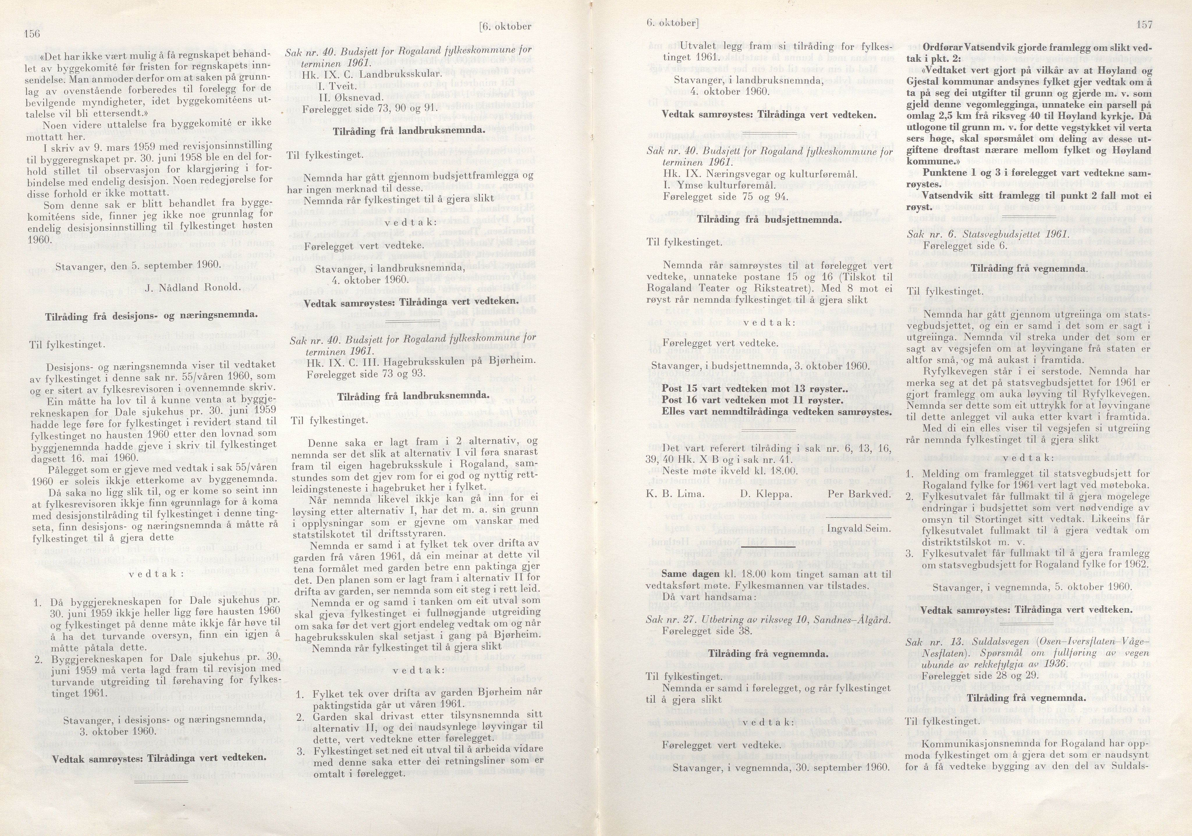 Rogaland fylkeskommune - Fylkesrådmannen , IKAR/A-900/A/Aa/Aaa/L0080: Møtebok , 1960, p. 156-157