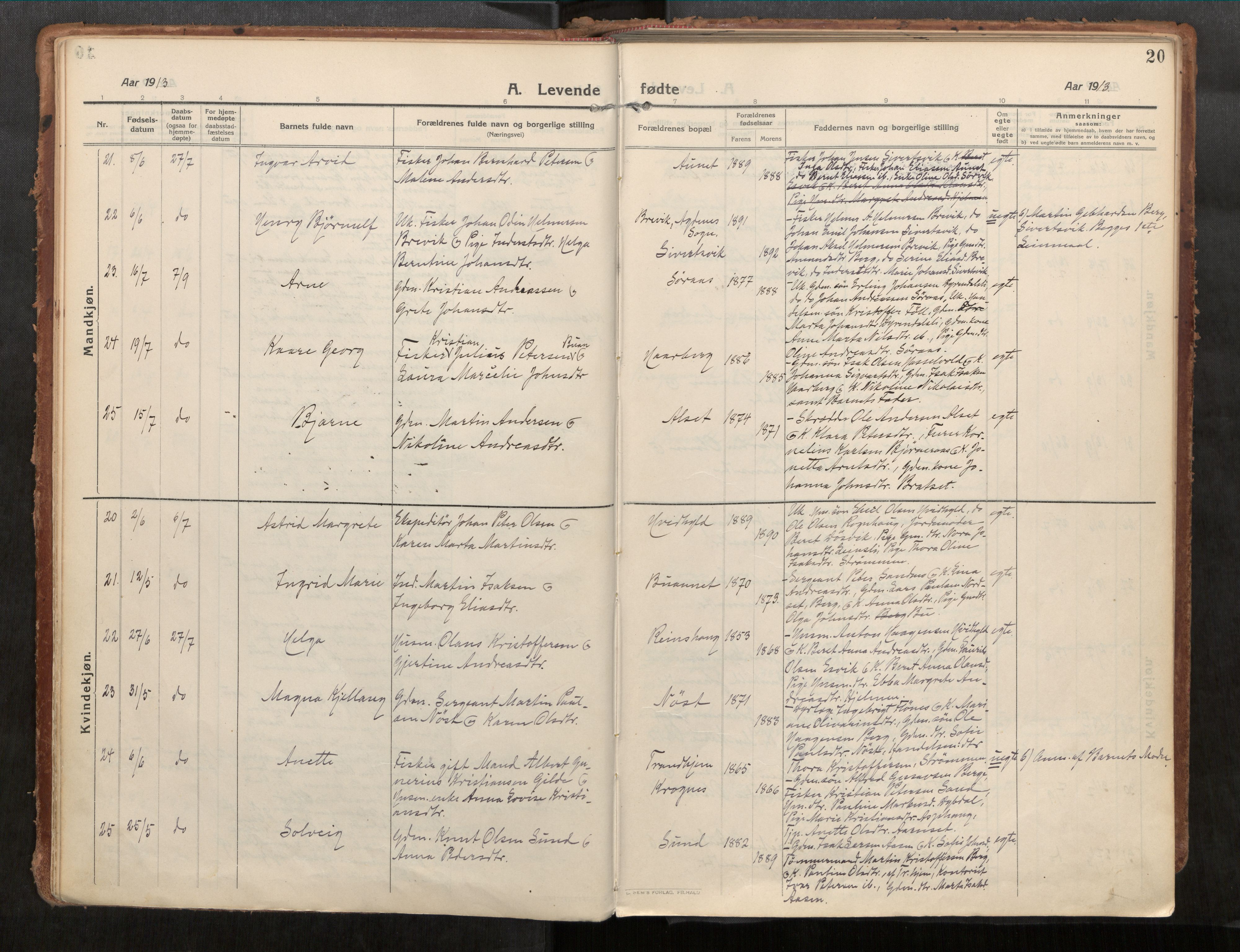 Stadsbygd sokneprestkontor, AV/SAT-A-1117/1/I/I1/I1a/L0001: Parish register (official) no. 1, 1911-1929, p. 20