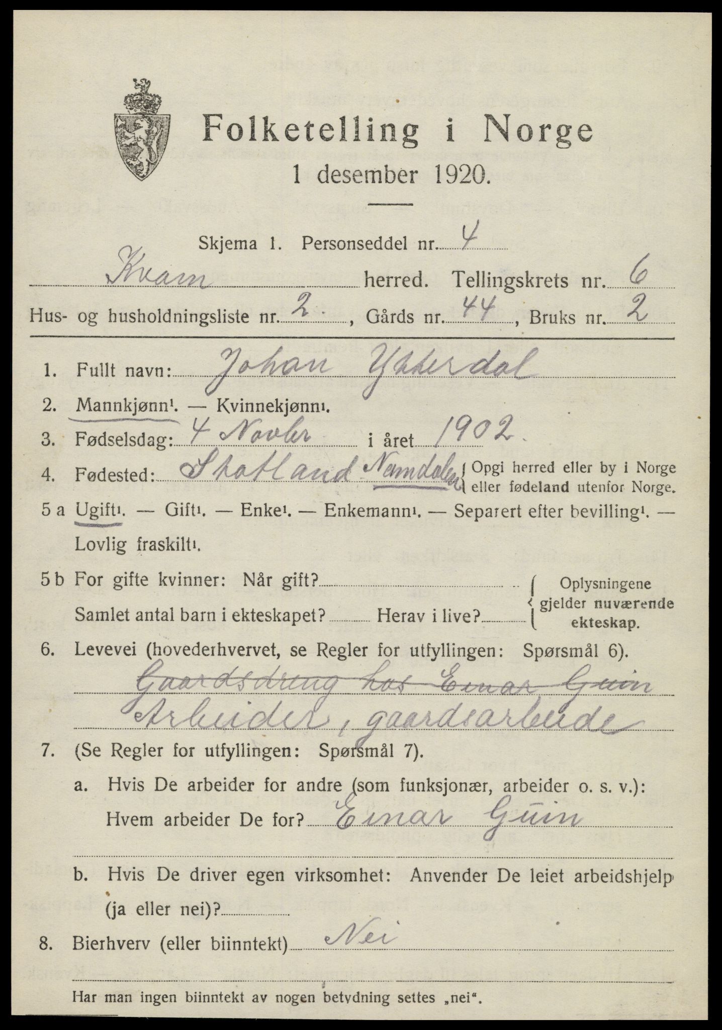 SAT, 1920 census for Kvam, 1920, p. 1603