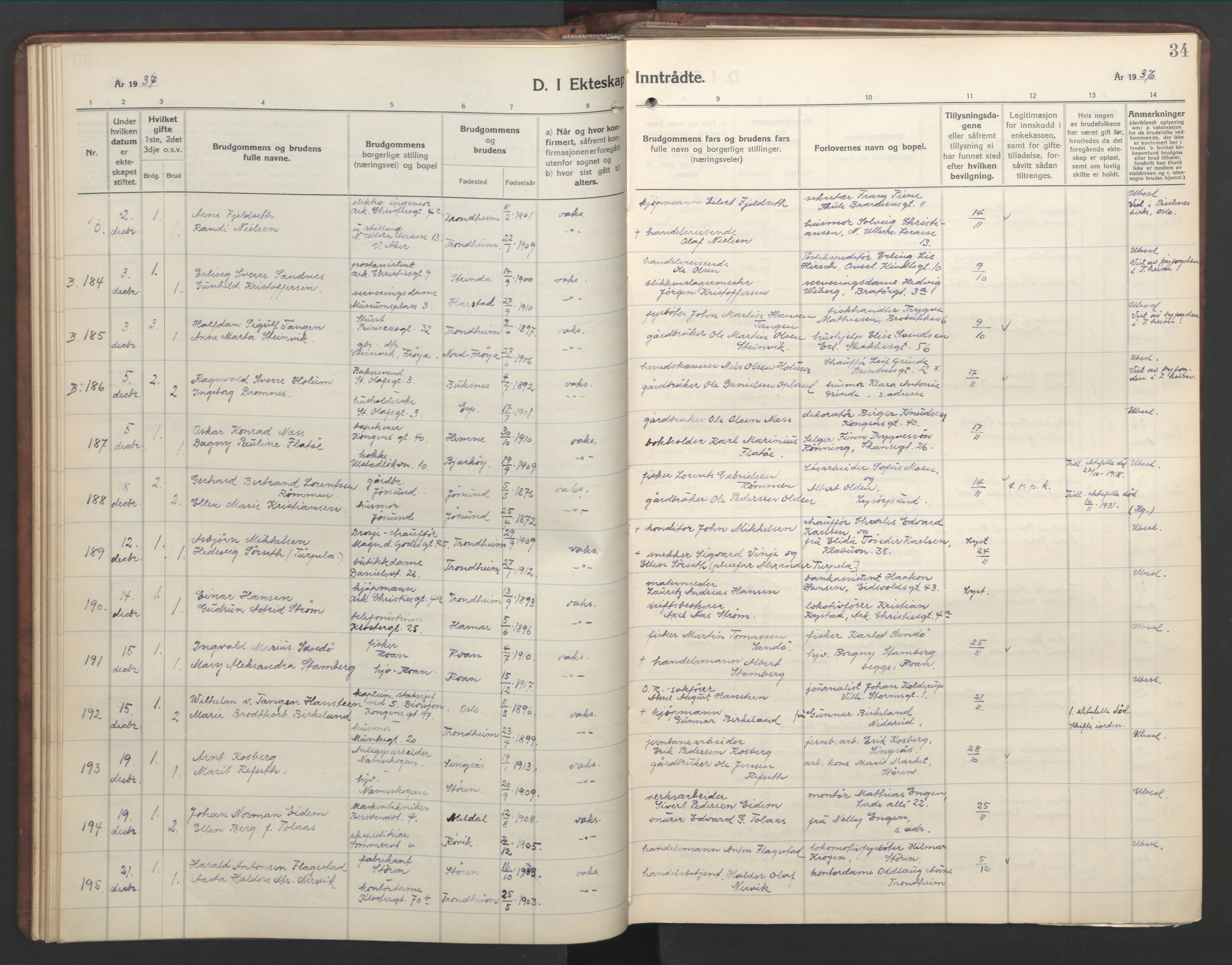 Ministerialprotokoller, klokkerbøker og fødselsregistre - Sør-Trøndelag, AV/SAT-A-1456/601/L0101: Parish register (copy) no. 601C19, 1935-1946, p. 34