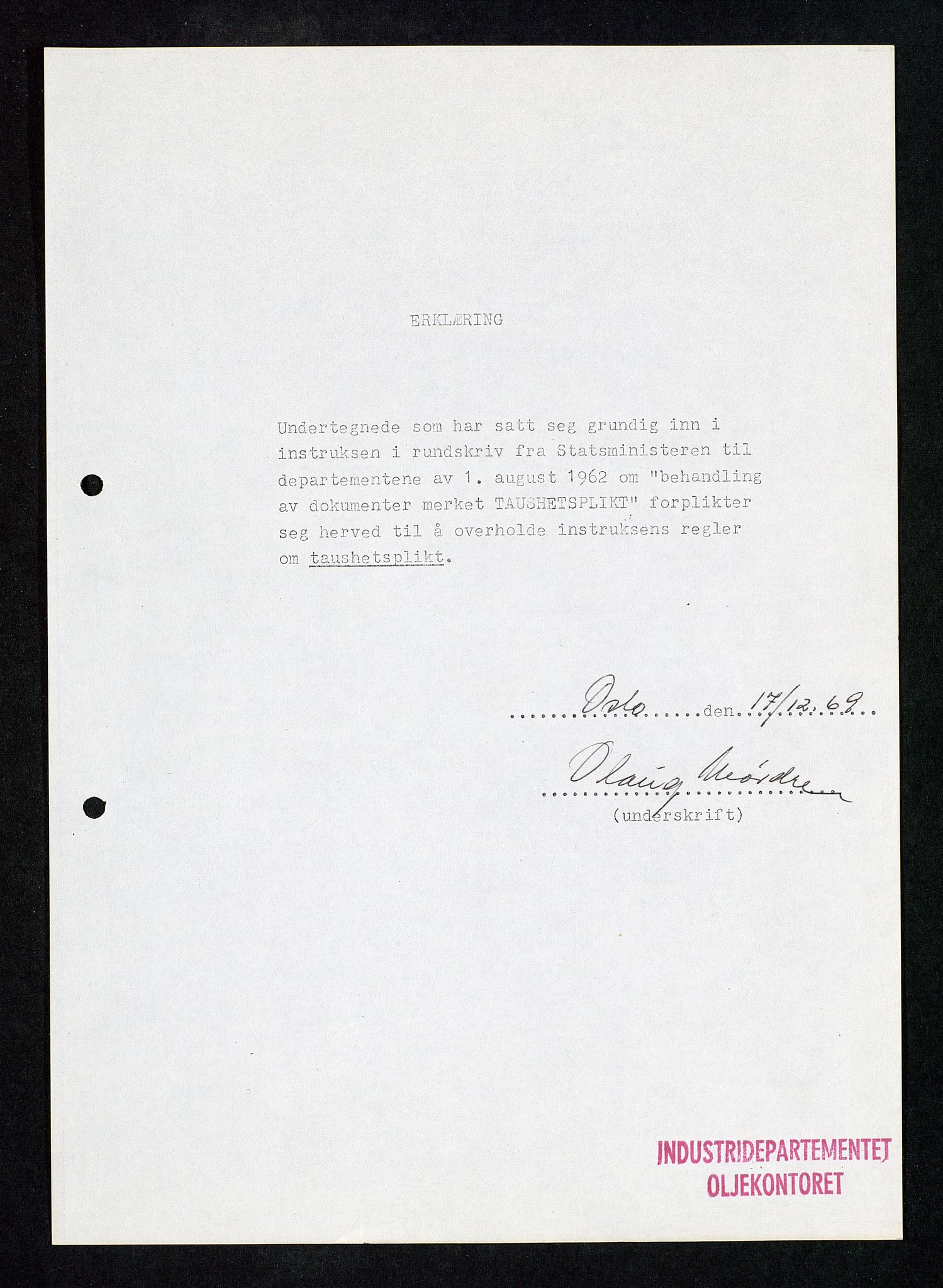 Industridepartementet, Oljekontoret, AV/SAST-A-101348/Db/L0001: Sikkerhet og utstyr, personell, arbeidstid, lønn, 1967-1973, p. 196