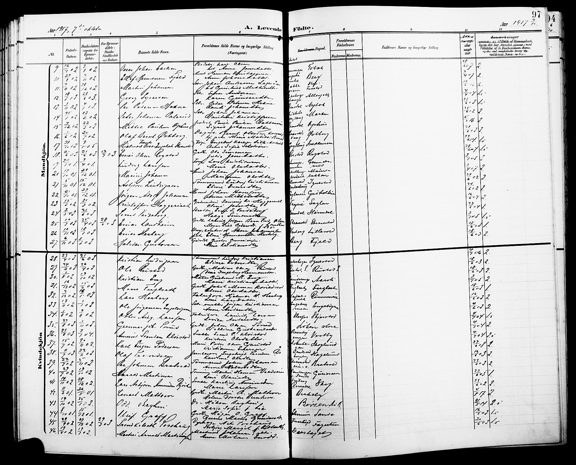 Løten prestekontor, SAH/PREST-022/L/La/L0007: Parish register (copy) no. 7, 1910-1919, p. 97