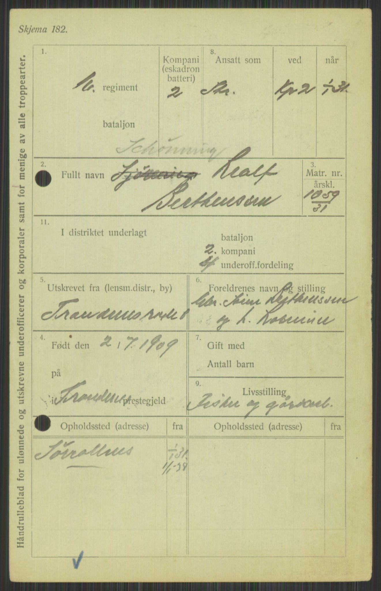 Forsvaret, Troms infanteriregiment nr. 16, AV/RA-RAFA-3146/P/Pa/L0015: Rulleblad for regimentets menige mannskaper, årsklasse 1931, 1931, p. 97