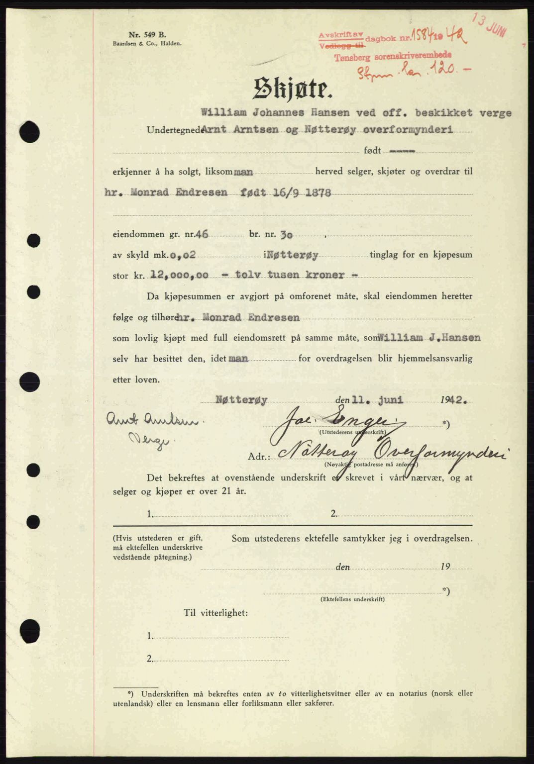 Tønsberg sorenskriveri, AV/SAKO-A-130/G/Ga/Gaa/L0011: Mortgage book no. A11, 1941-1942, Diary no: : 1584/1942