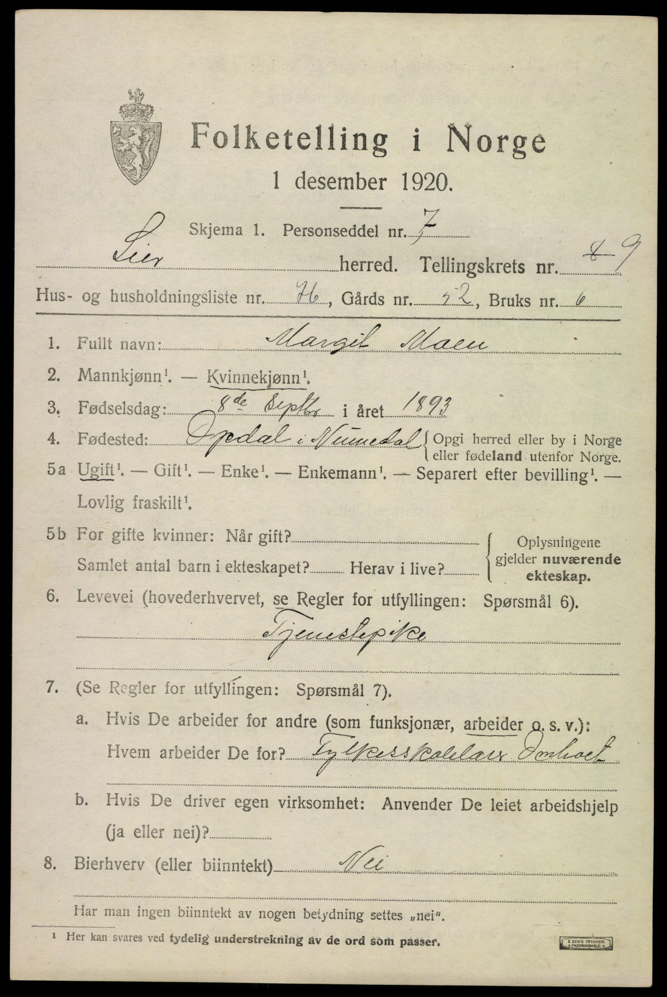 SAKO, 1920 census for Lier, 1920, p. 16074