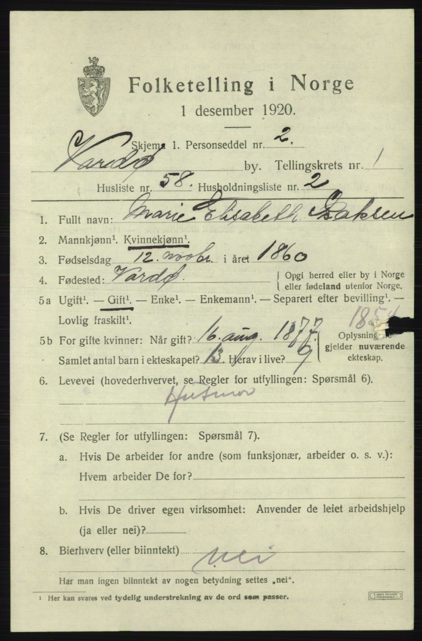 SATØ, 1920 census for Vardø, 1920, p. 3538